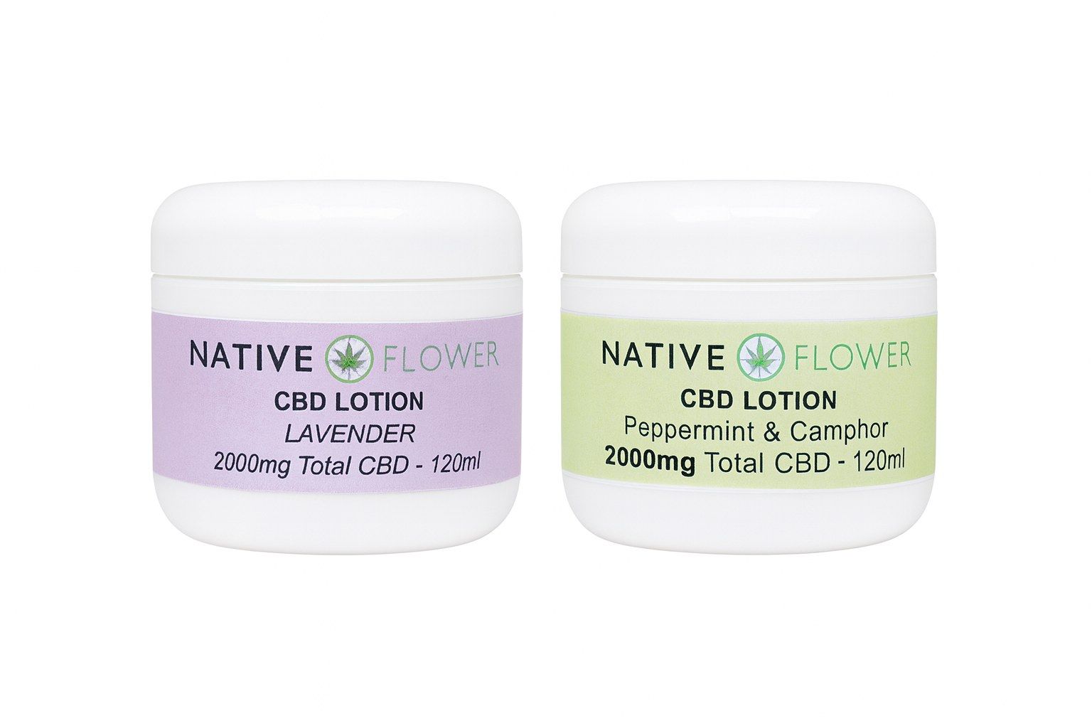Two white Native Flower CBD lotion tubs side by side, one labelled lavender and one peppermint and camphor.