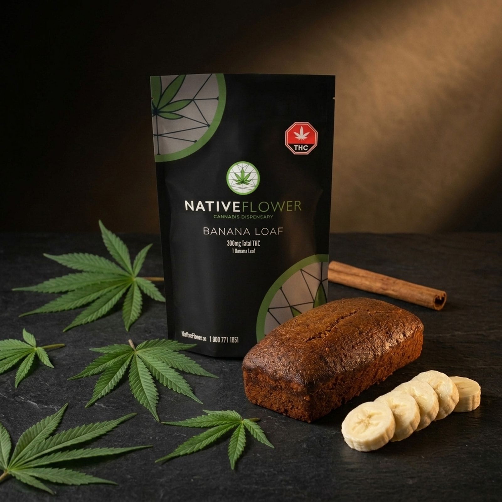 A Native Flower banana loaf beside its black pouch on slate, with cannabis leaves, a cinnamon stick and banana slices.