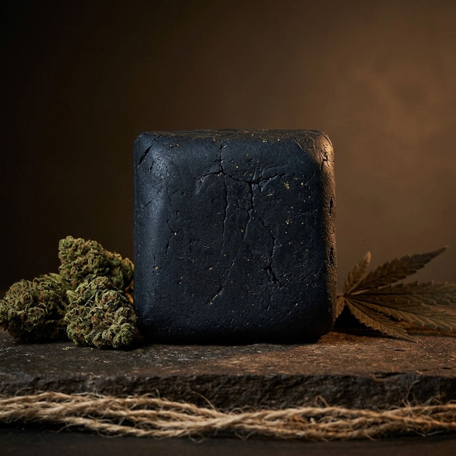 A square block of black hash on a stone slab, dried buds on one side and a dried cannabis leaf on the other.