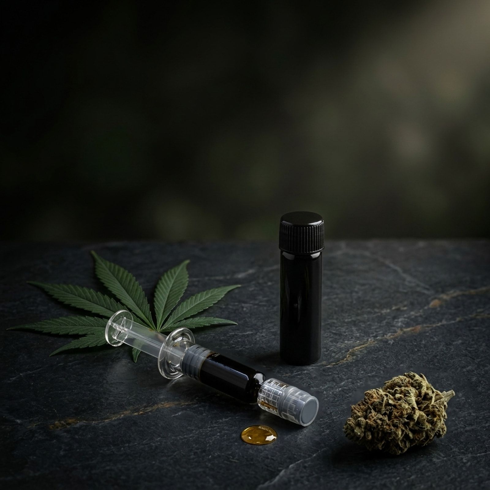 A glass syringe and a small black vial of black oil on slate, with a cannabis leaf, a dried bud and a pool of oil.