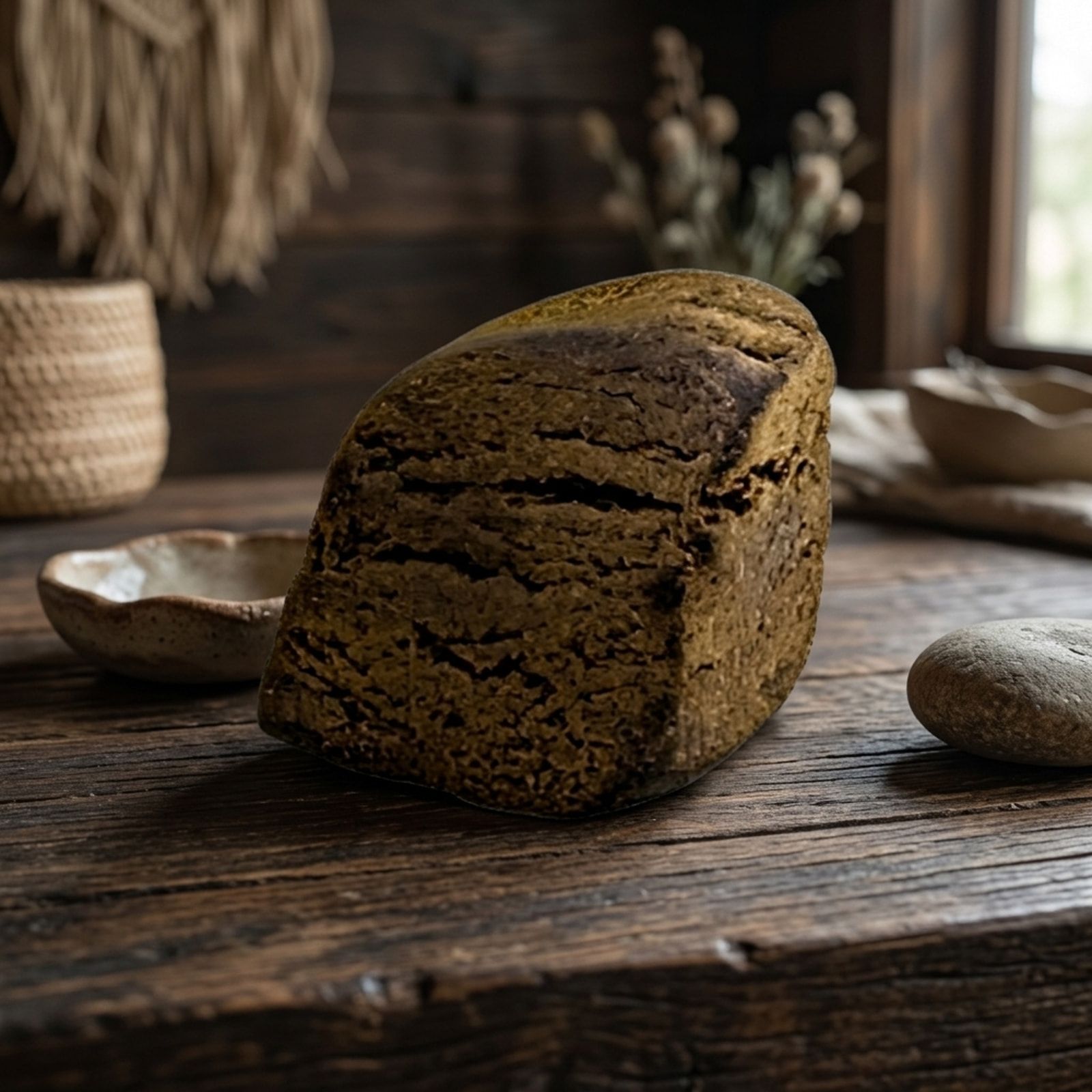 A wedge of golden-brown blonde hash on a rustic wooden table, a small ceramic dish and a smooth stone beside it.