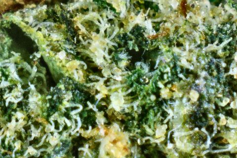 A close-up of Blue Goo: pale trichomes over dark green, with flecks of orange.