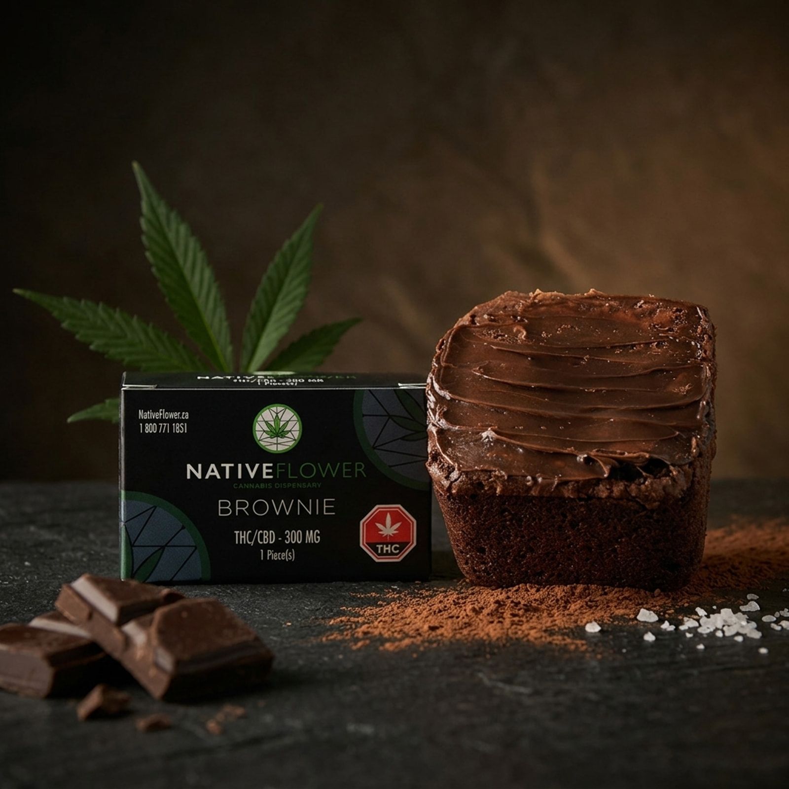 A frosted Native Flower brownie beside its black box, with chocolate pieces, cocoa powder, sea salt and a cannabis leaf.