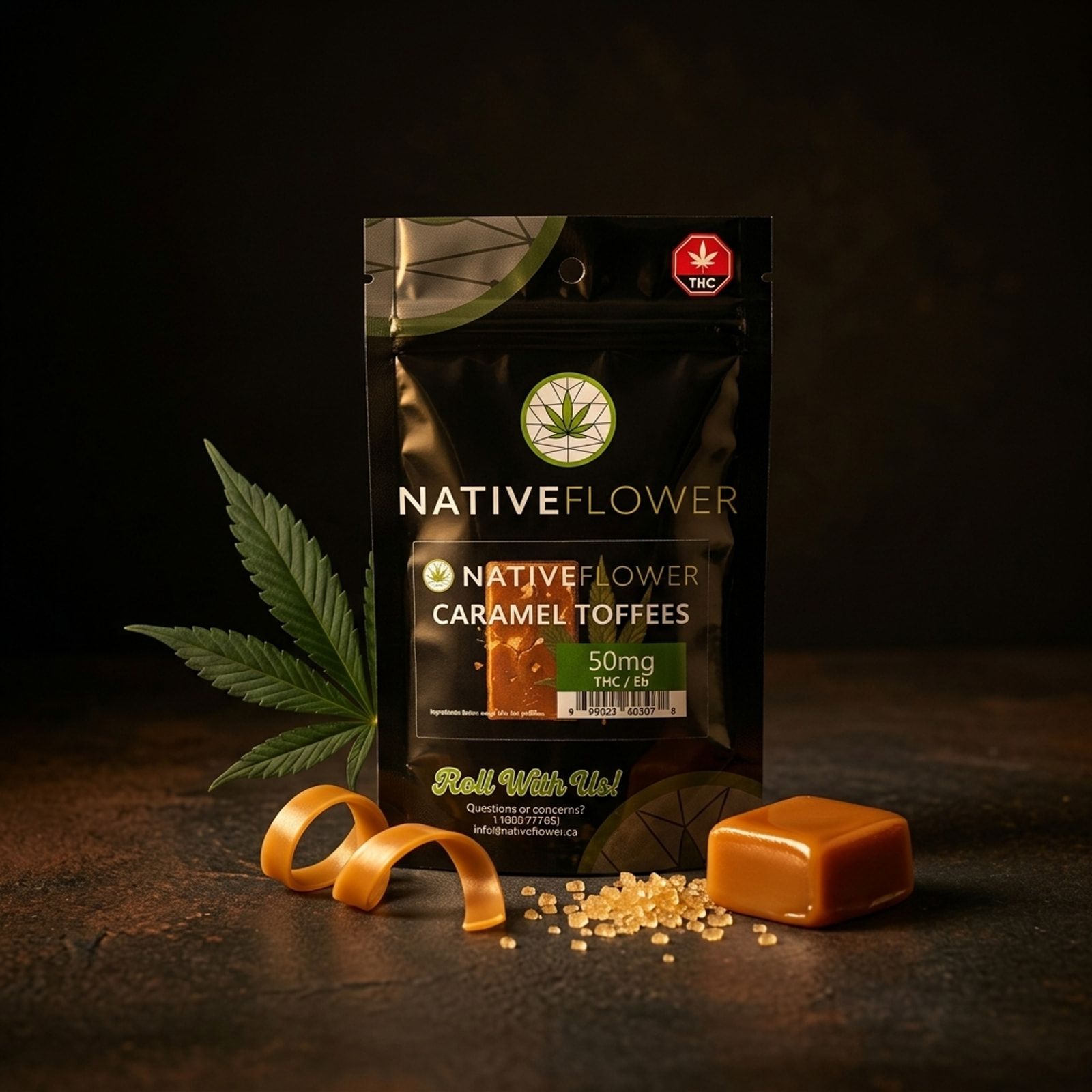 A black Native Flower caramel toffees pouch on a dark surface, with a toffee square, curled caramel ribbons, raw sugar and a cannabis leaf.