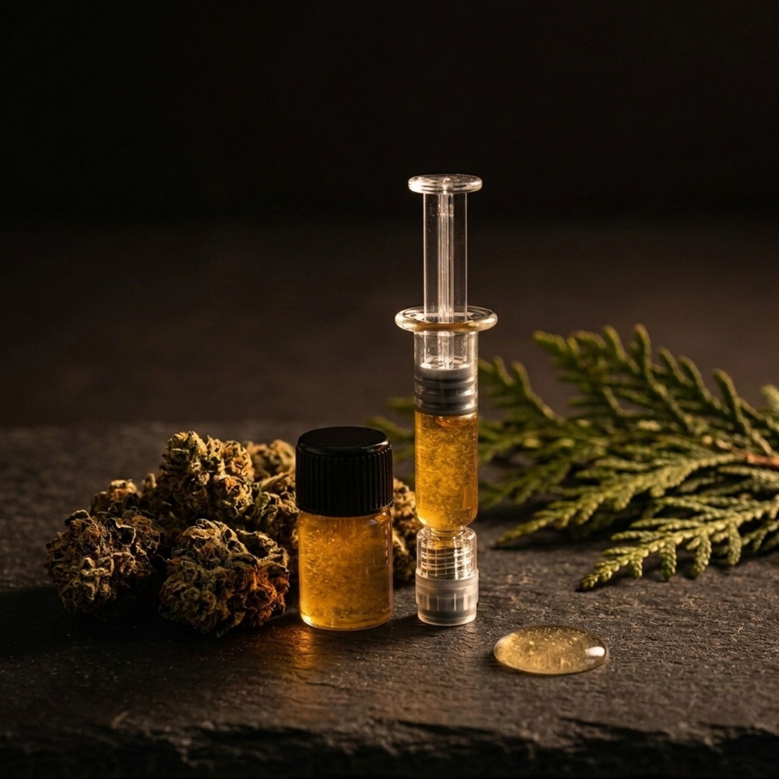 A glass syringe and a small capped vial of amber CBD oil on slate, with dried buds, a cedar sprig and a drop of oil.