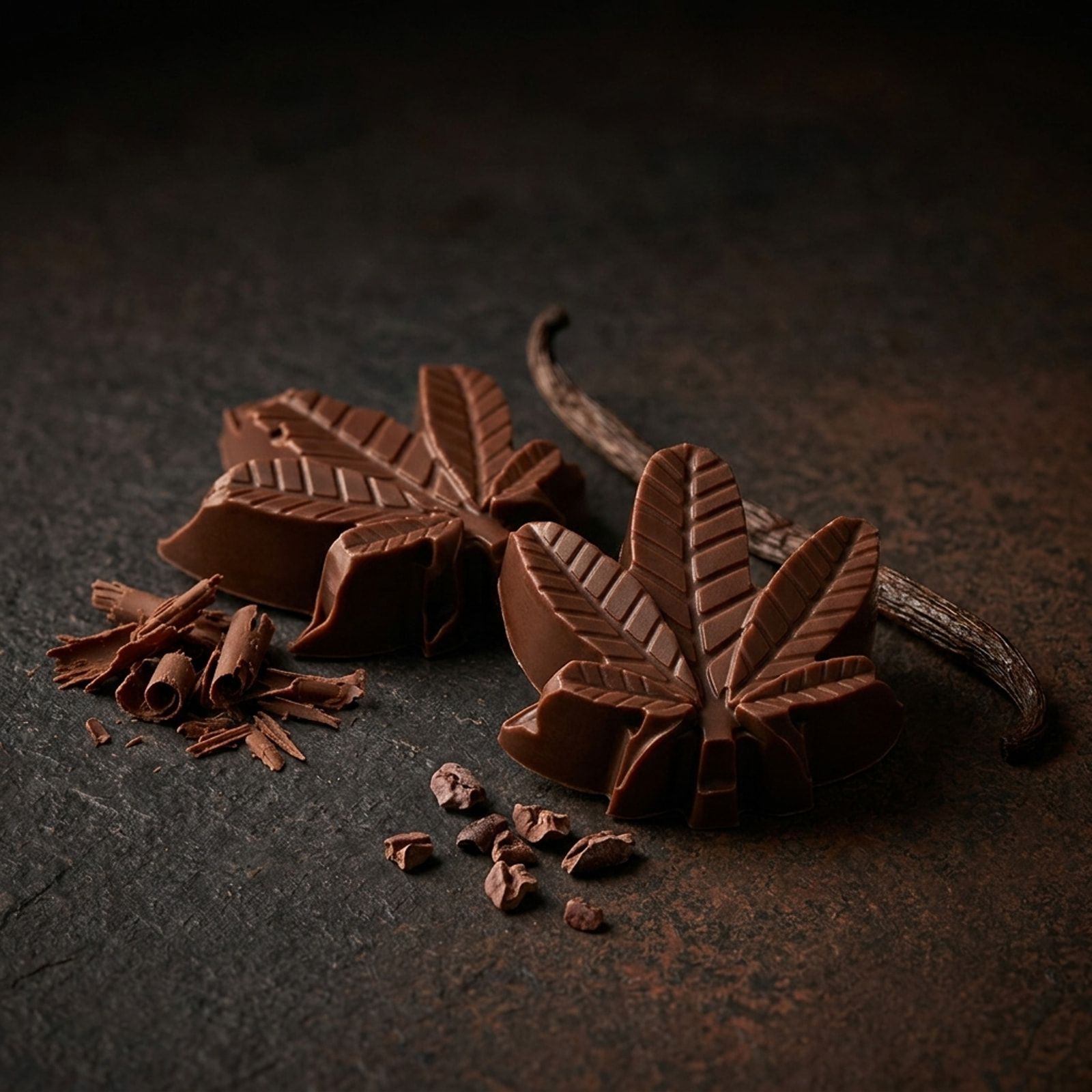 Two cannabis-leaf-shaped milk chocolates on dark slate with chocolate curls, cacao nibs and a vanilla pod.