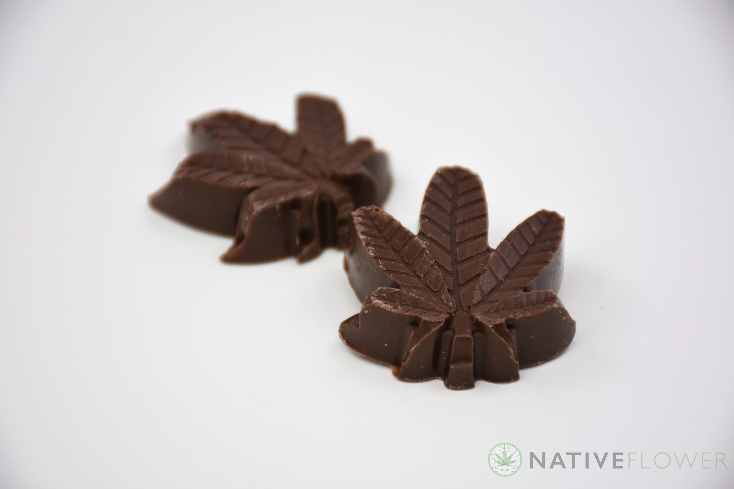 Two milk chocolate pieces moulded in a leaf shape on a white surface.
