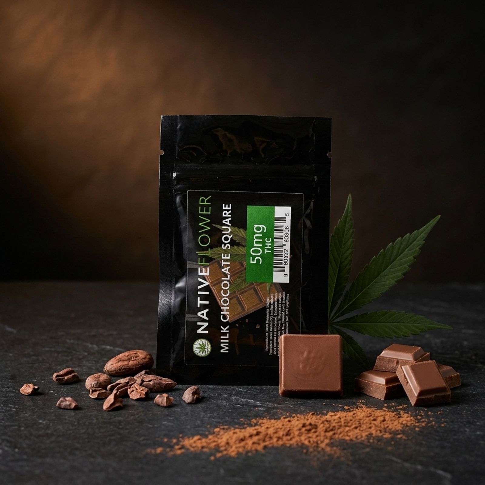 A black Native Flower milk chocolate square pouch on slate, with chocolate squares, cocoa beans, cocoa powder and a cannabis leaf.