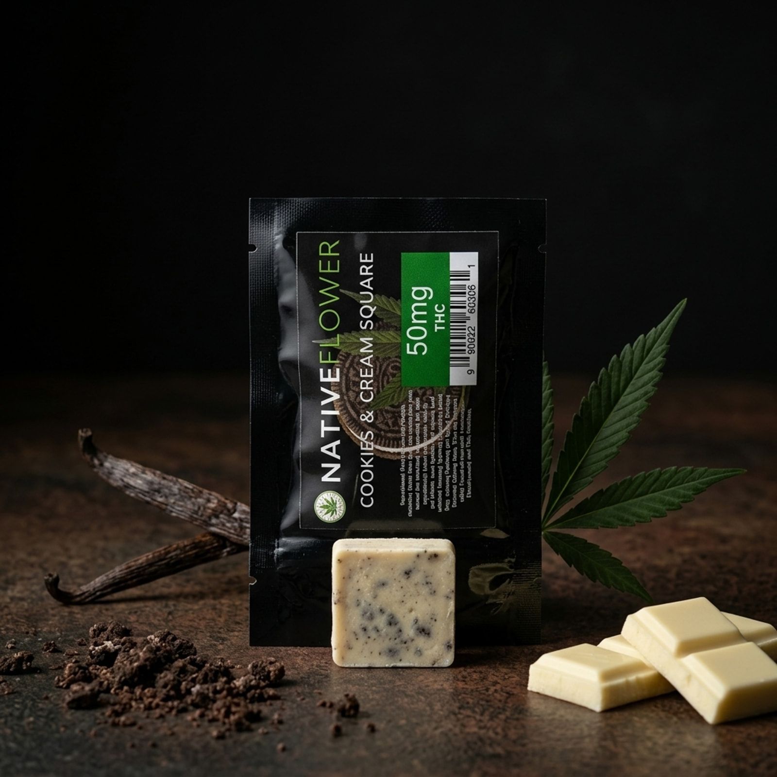 A cookies-and-cream square in front of its black Native Flower pouch, with vanilla pods, cookie crumbs, white chocolate pieces and a cannabis leaf.
