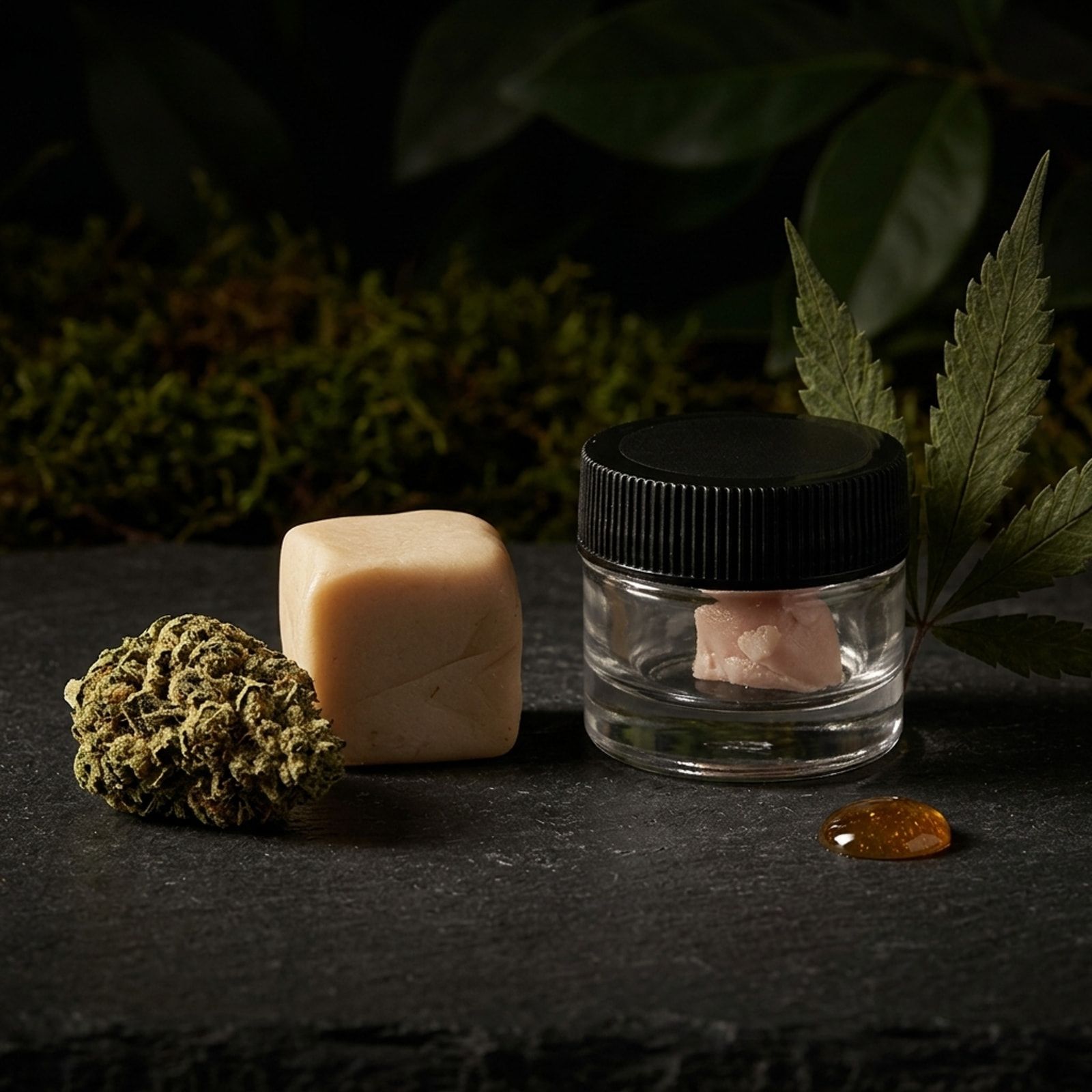 A pale cube of diamond hash beside a lidded glass jar holding a pale pink piece, with a cannabis bud and leaf.