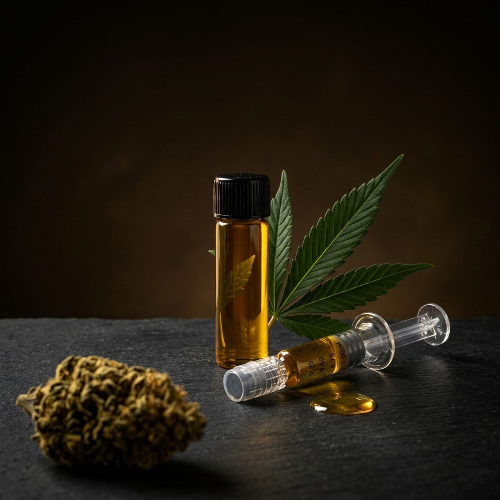 A glass vial of amber distillate and a filled syringe on slate, with a cannabis leaf, a dried bud and a spilled drop.