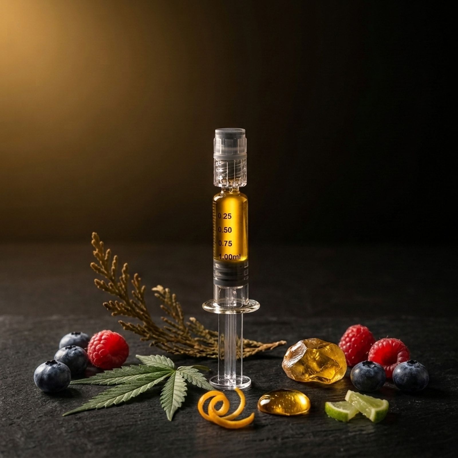 A filled syringe of golden distillate standing upright on slate among raspberries, blueberries, lime wedges, an orange peel twist and a cannabis leaf.