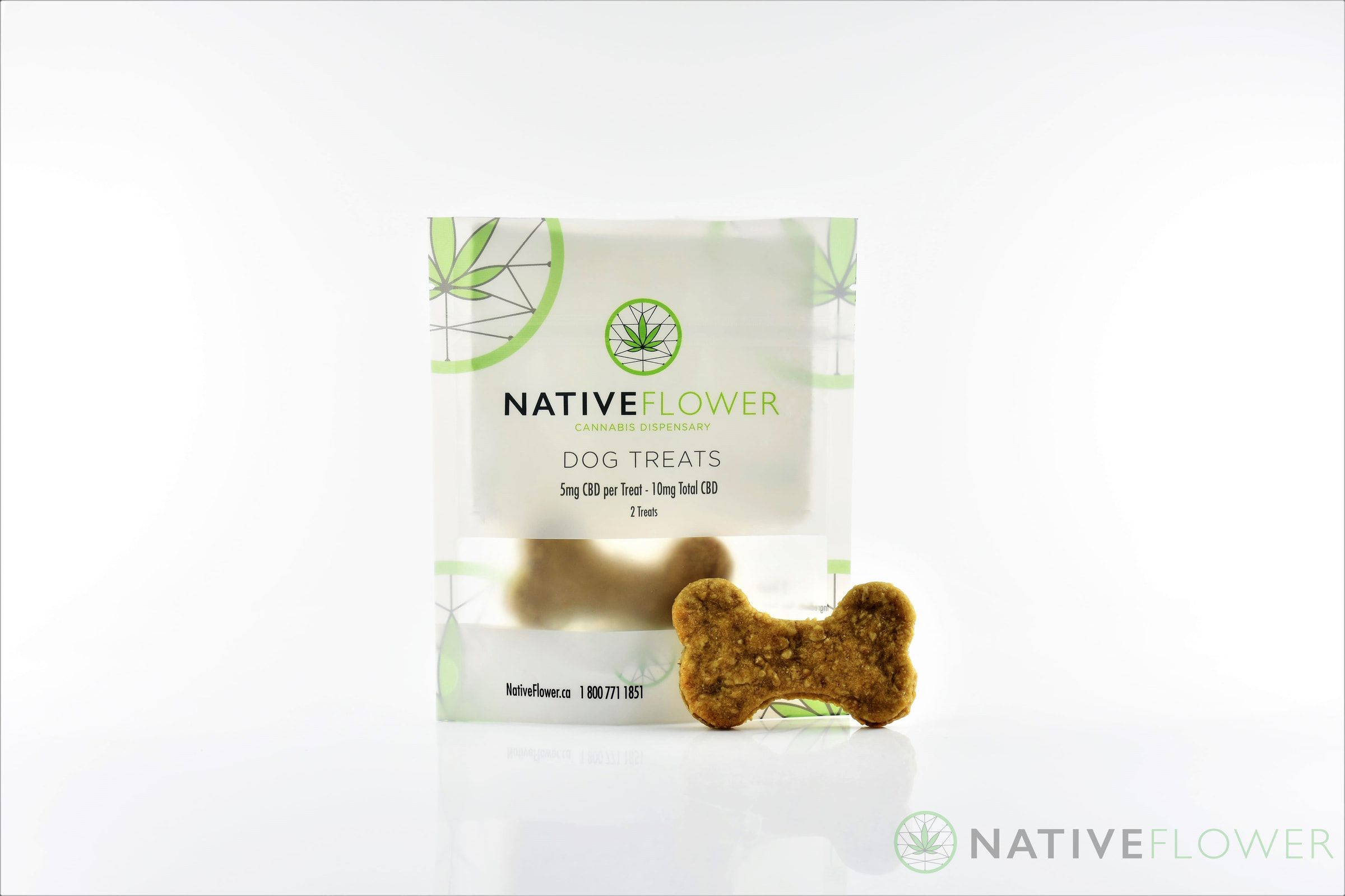 A bone-shaped Native Flower dog biscuit standing in front of its resealable pouch.