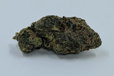 A cured bud of Firewalker OG, long and low, dark green with paler frosted patches, photographed against a plain pale-grey background.