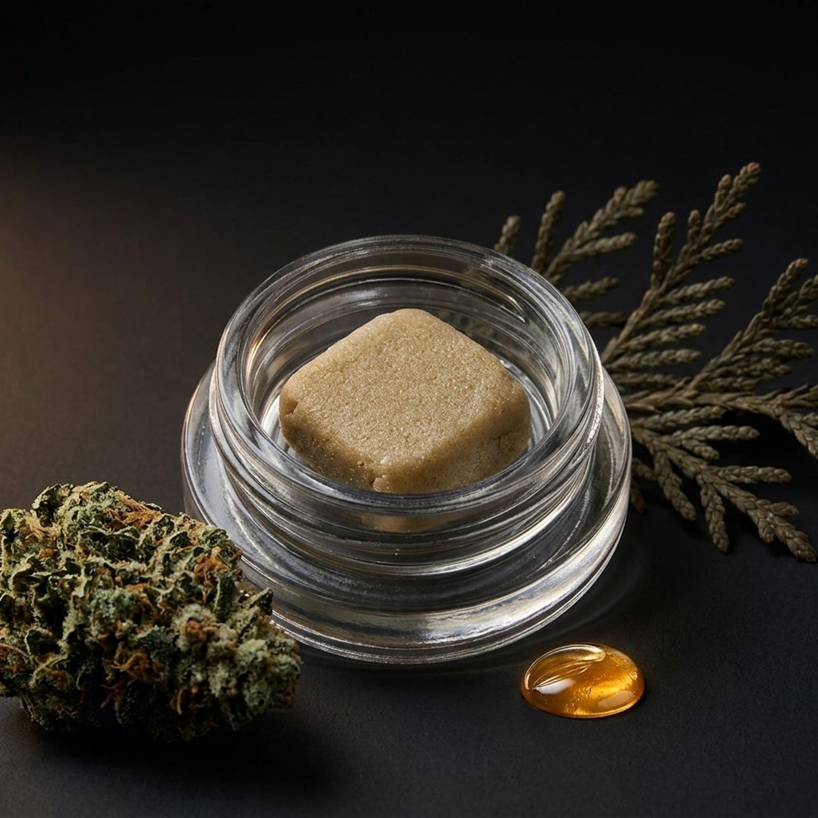 A tan square of full melt hash in a clear glass jar, with a cannabis bud, a cedar sprig and a drop of amber oil.