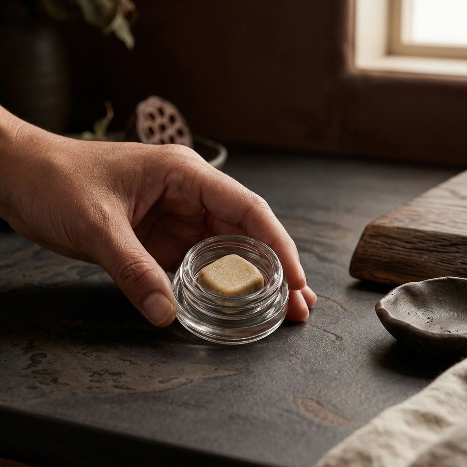 A hand holds a small clear glass jar containing a tan square of full melt hash on a dark stone counter.