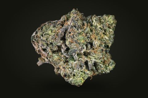 Godfather OG from another side: a wide, dense bud with orange hairs and a small stem at its left edge, on a plain black background.