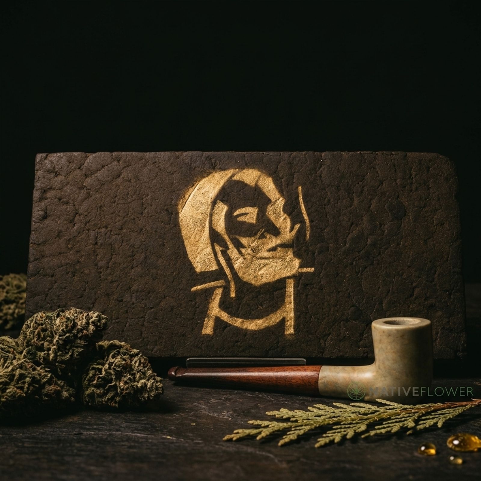 A large dark hash slab stamped with a gold stencil, a stone pipe in front and cannabis buds to one side.