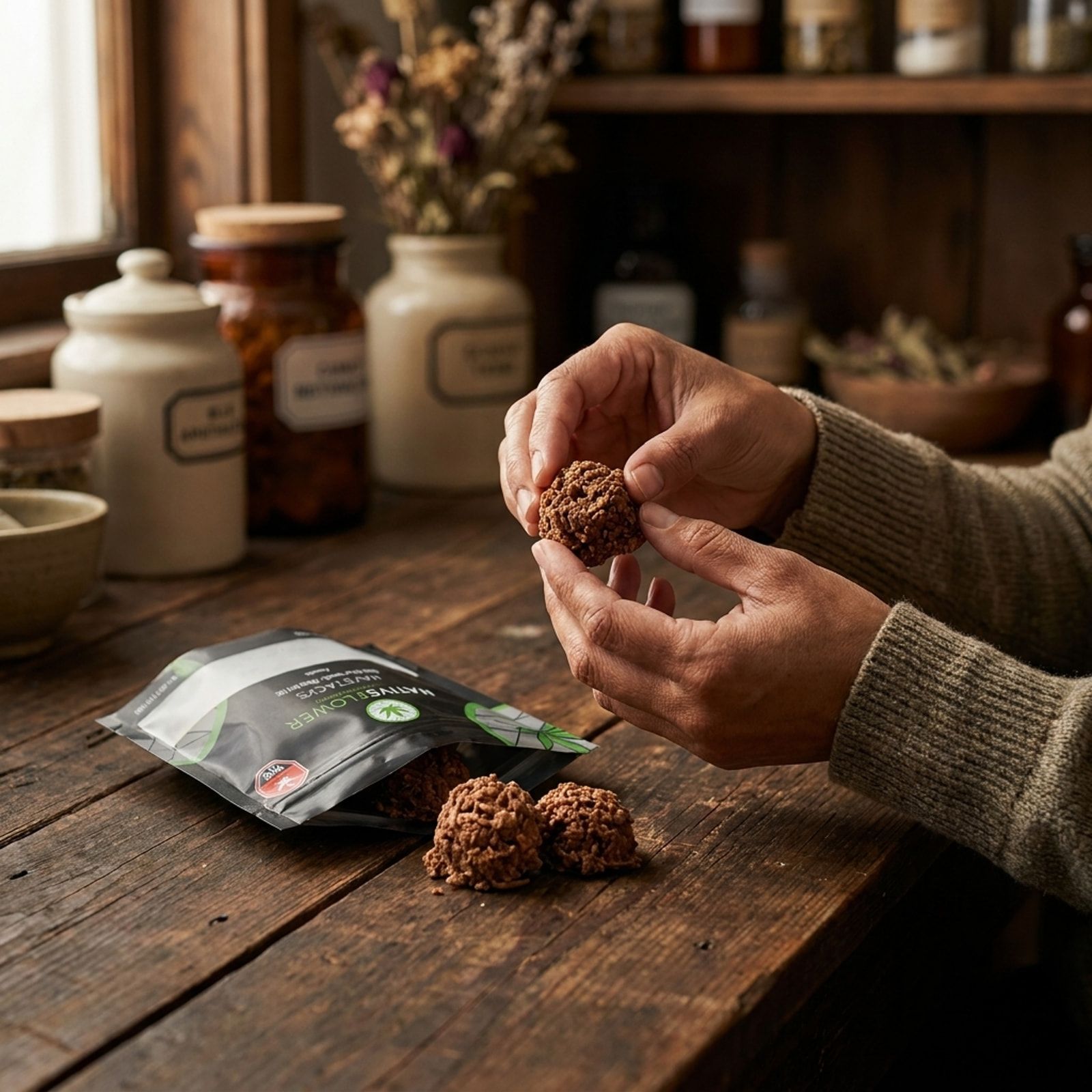 Two hands hold a chocolate coconut haystack over a rustic table, two more haystacks and an open pouch with the Native Flower logo beside them.