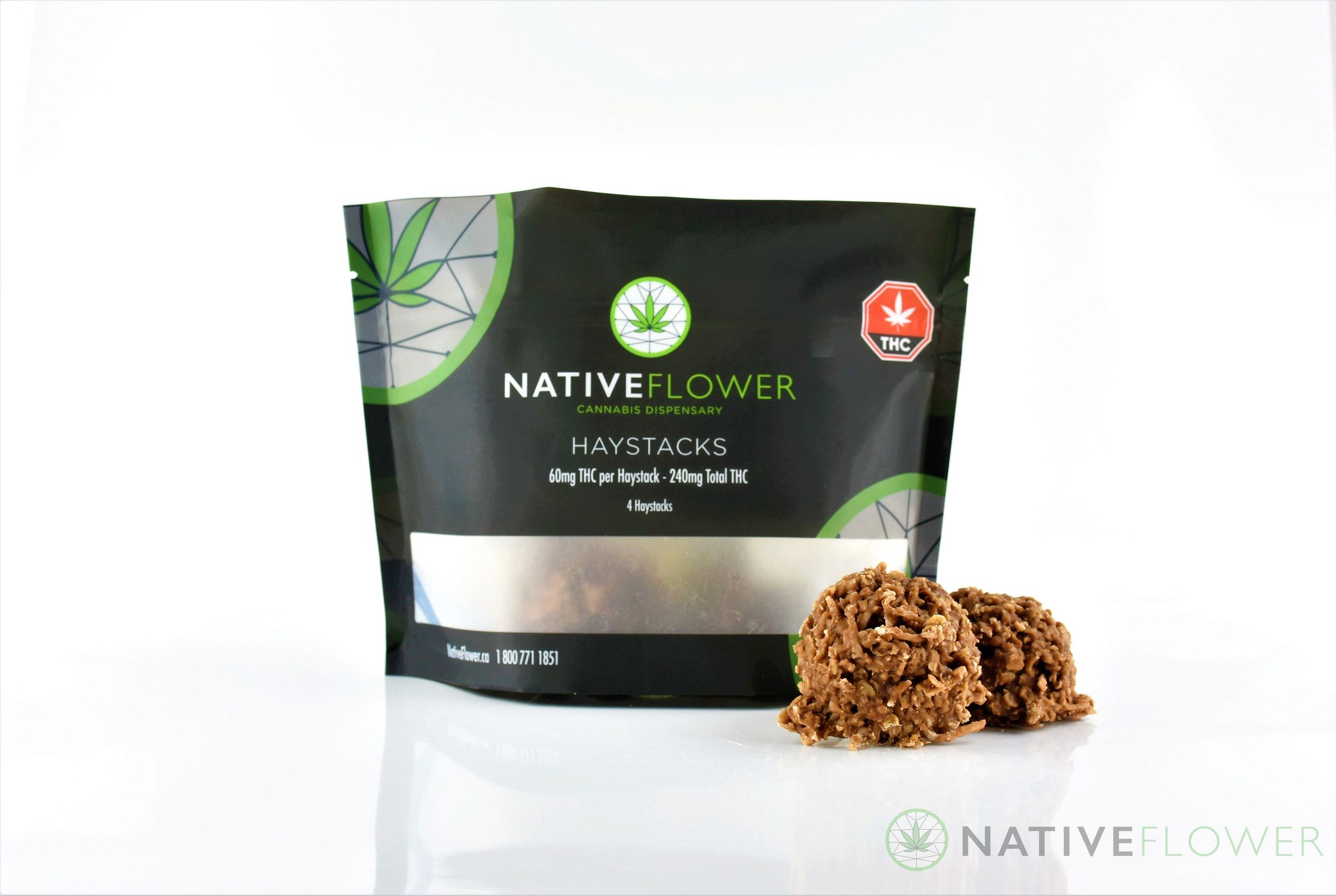 Two Native Flower haystack clusters in front of their black pouch.