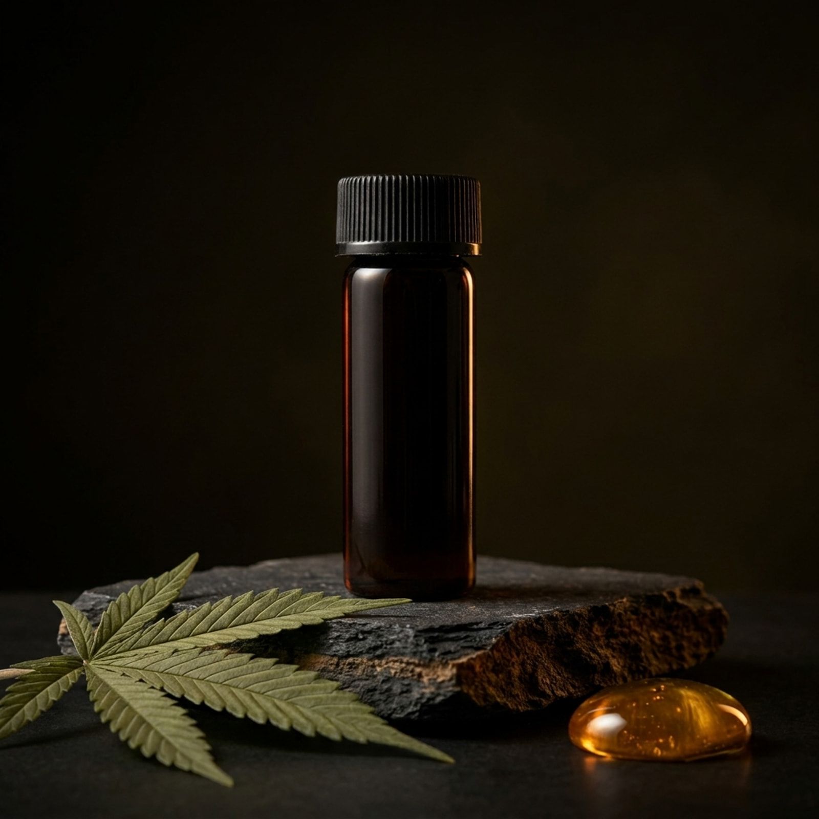 A dark amber vial with a black screw cap on a slate slab, a cannabis leaf and a drop of golden oil beside it.