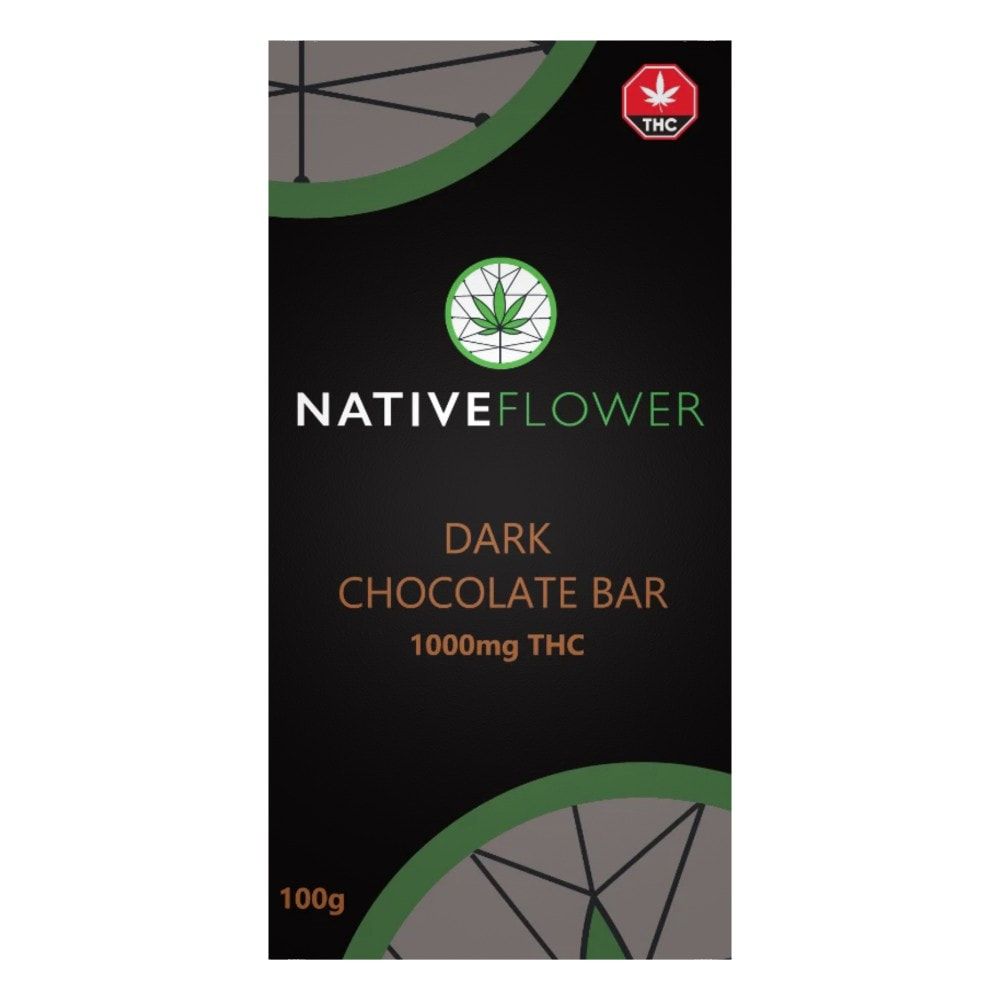 The retail box for the dark chocolate bar, front facing.