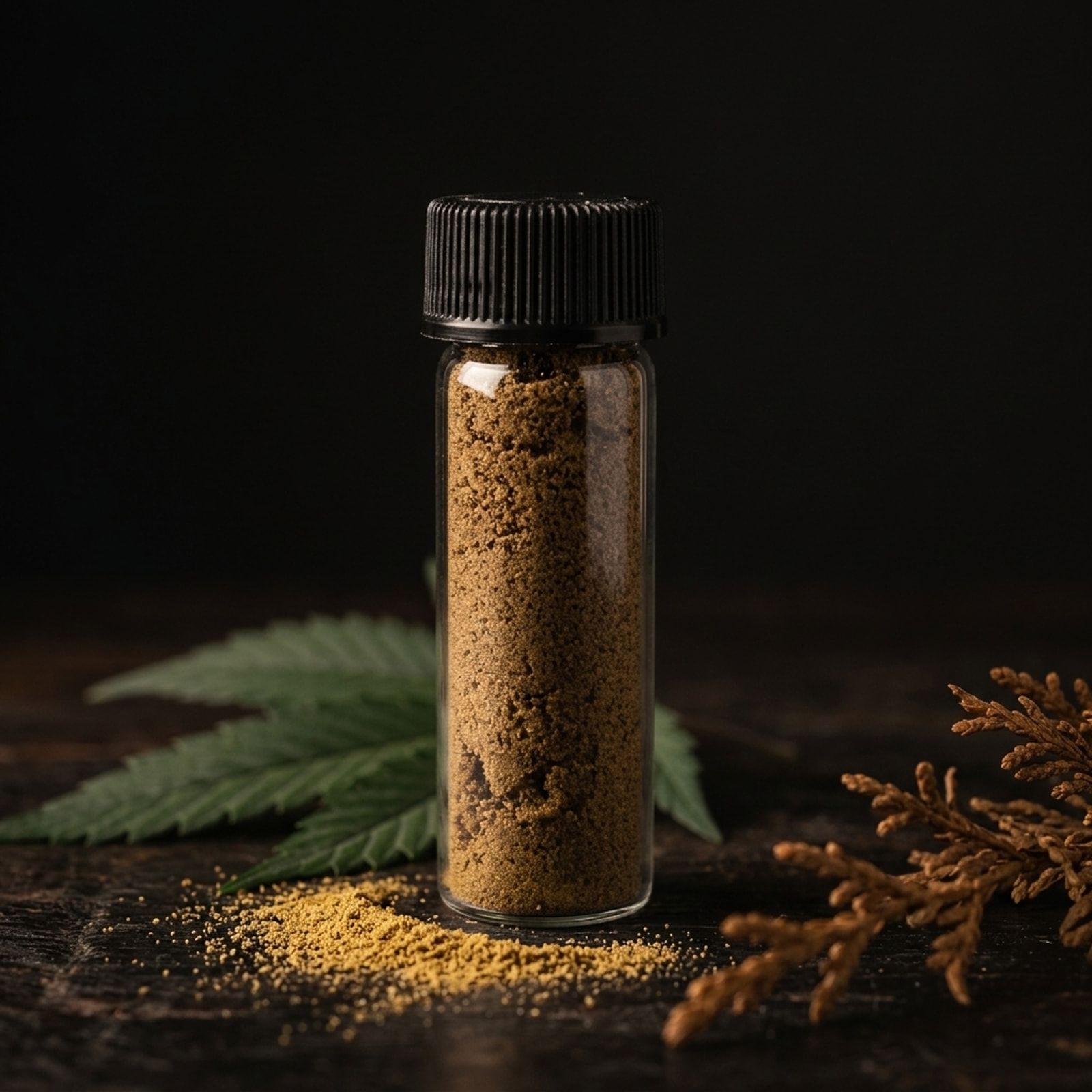 A clear glass vial packed with golden-brown kief, loose kief spilled in front, a cannabis leaf and a cedar sprig beside it.