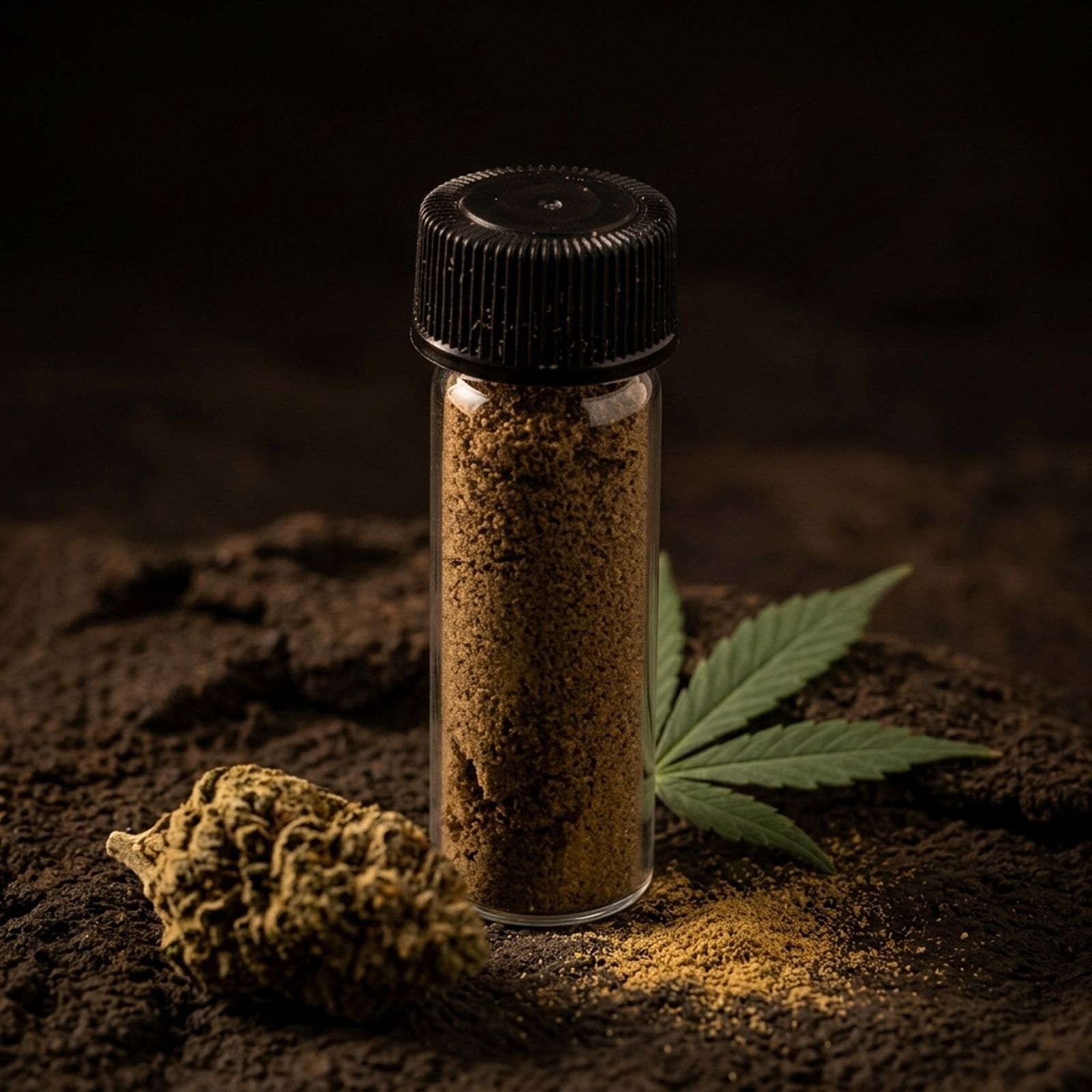 A clear vial packed with kief standing in dark crumbled earth, a dried cannabis bud and a cannabis leaf beside it.