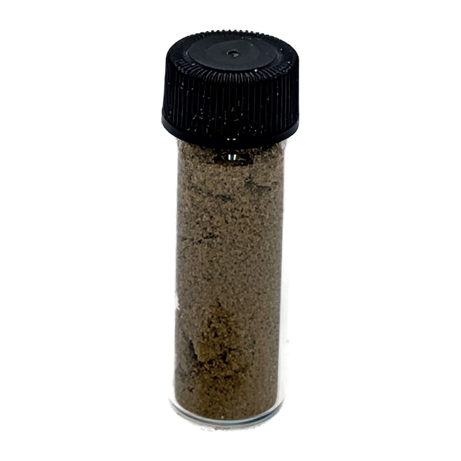 A glass vial of pale gold Native Flower kief with a black screw cap.