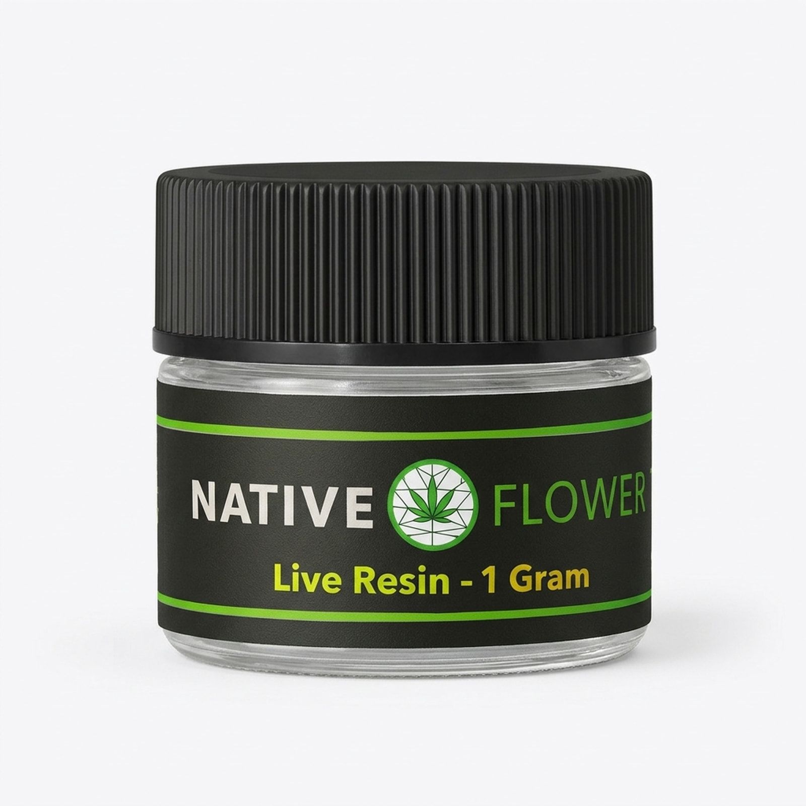 A Native Flower live resin jar with a black ribbed lid and a black-and-green label, on a white background.