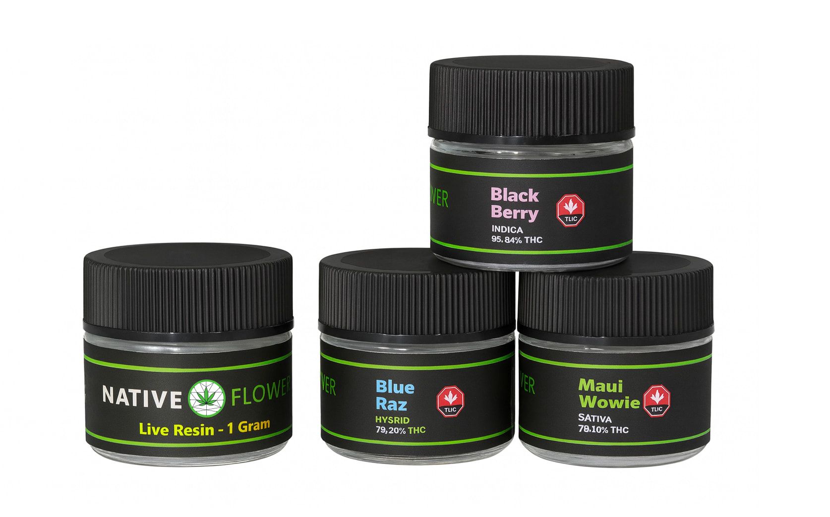 Four Native Flower live resin jars stacked in a pyramid, three labelled with cultivar names.