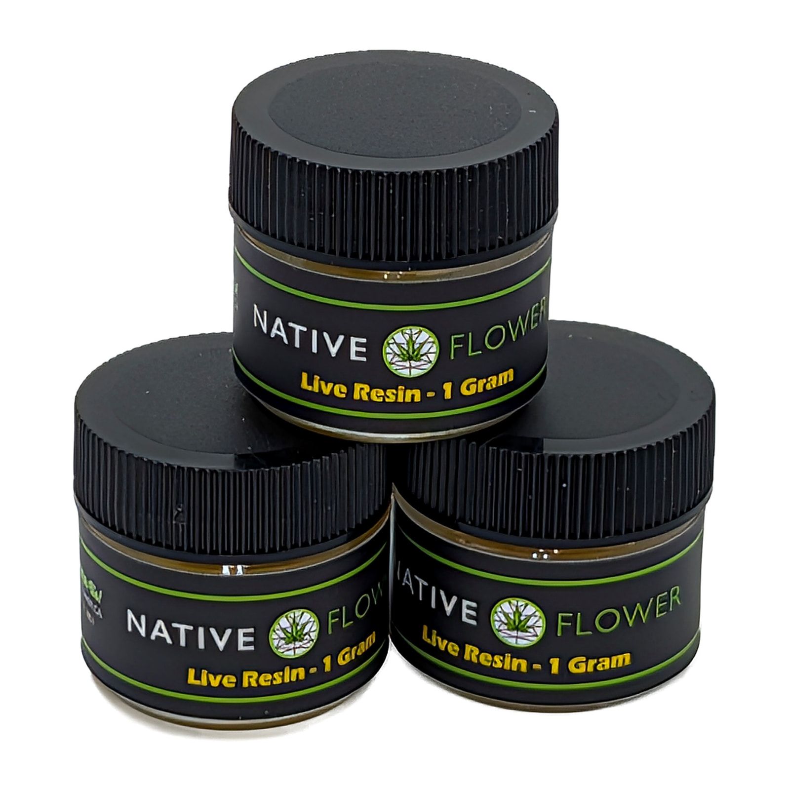 Three Native Flower live resin jars with black screw lids, stacked in a pyramid.