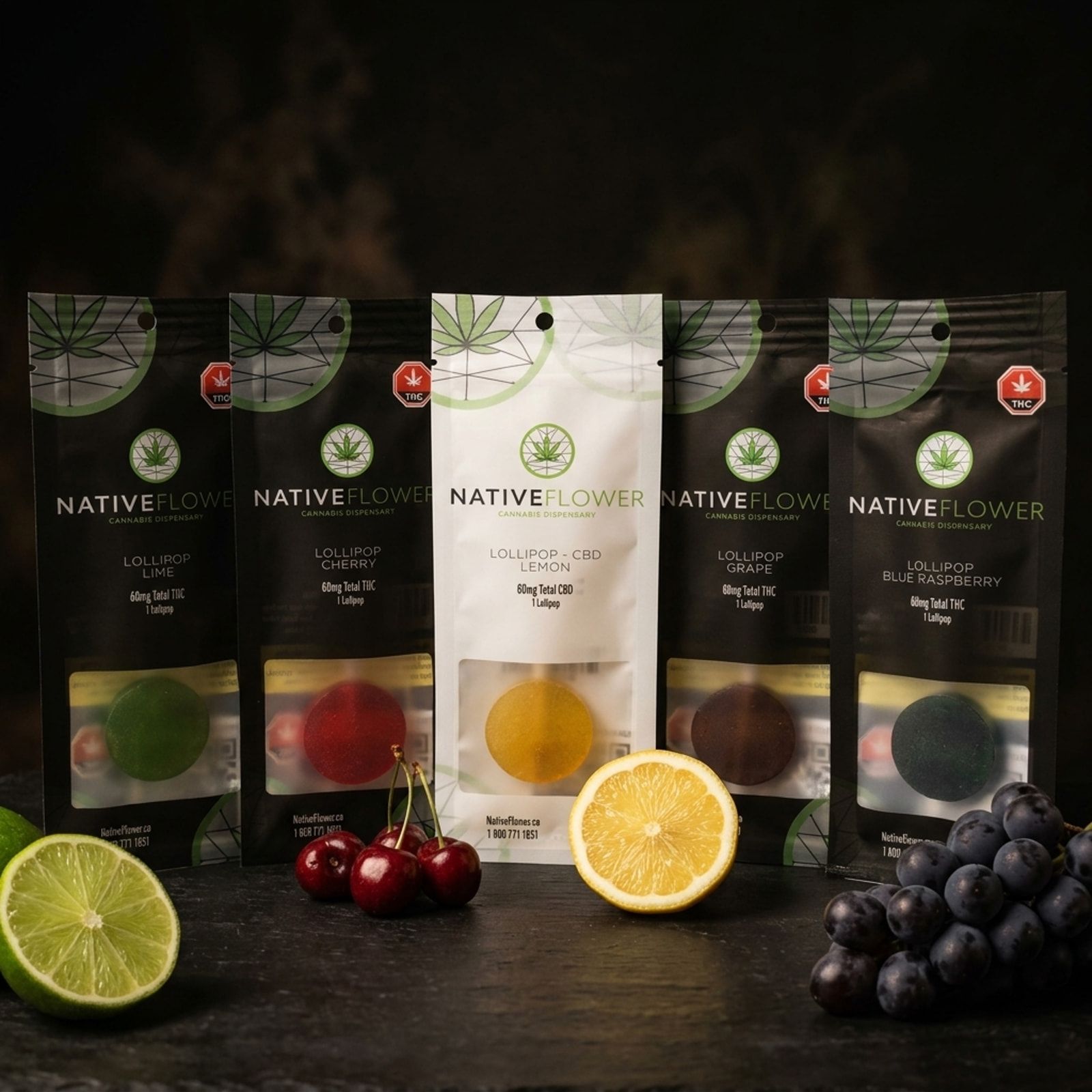 Five Native Flower lollipop pouches in a row — lime, cherry, lemon, grape and blue raspberry — with matching fruit in front.