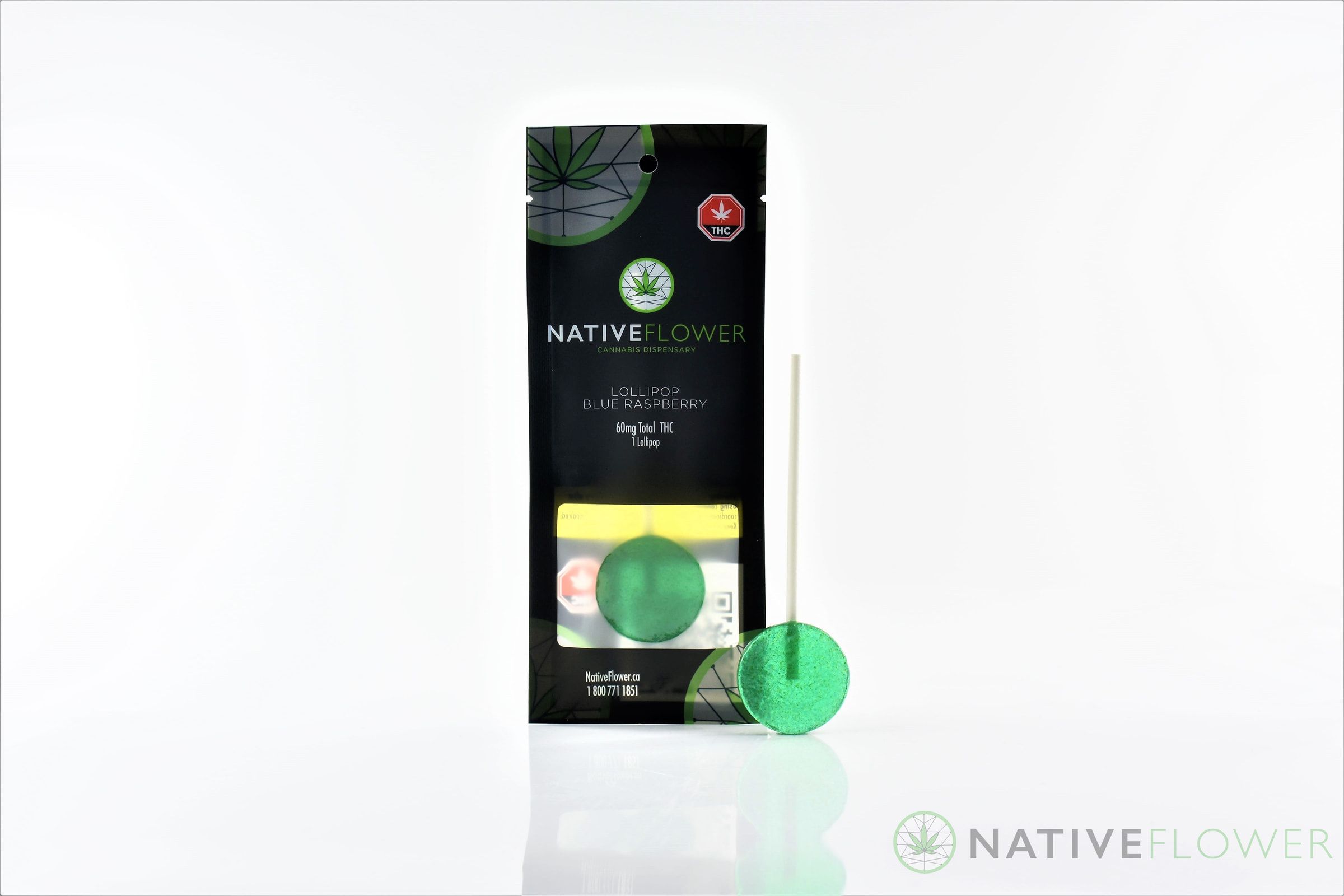 A blue-green lollipop standing beside its pouch.