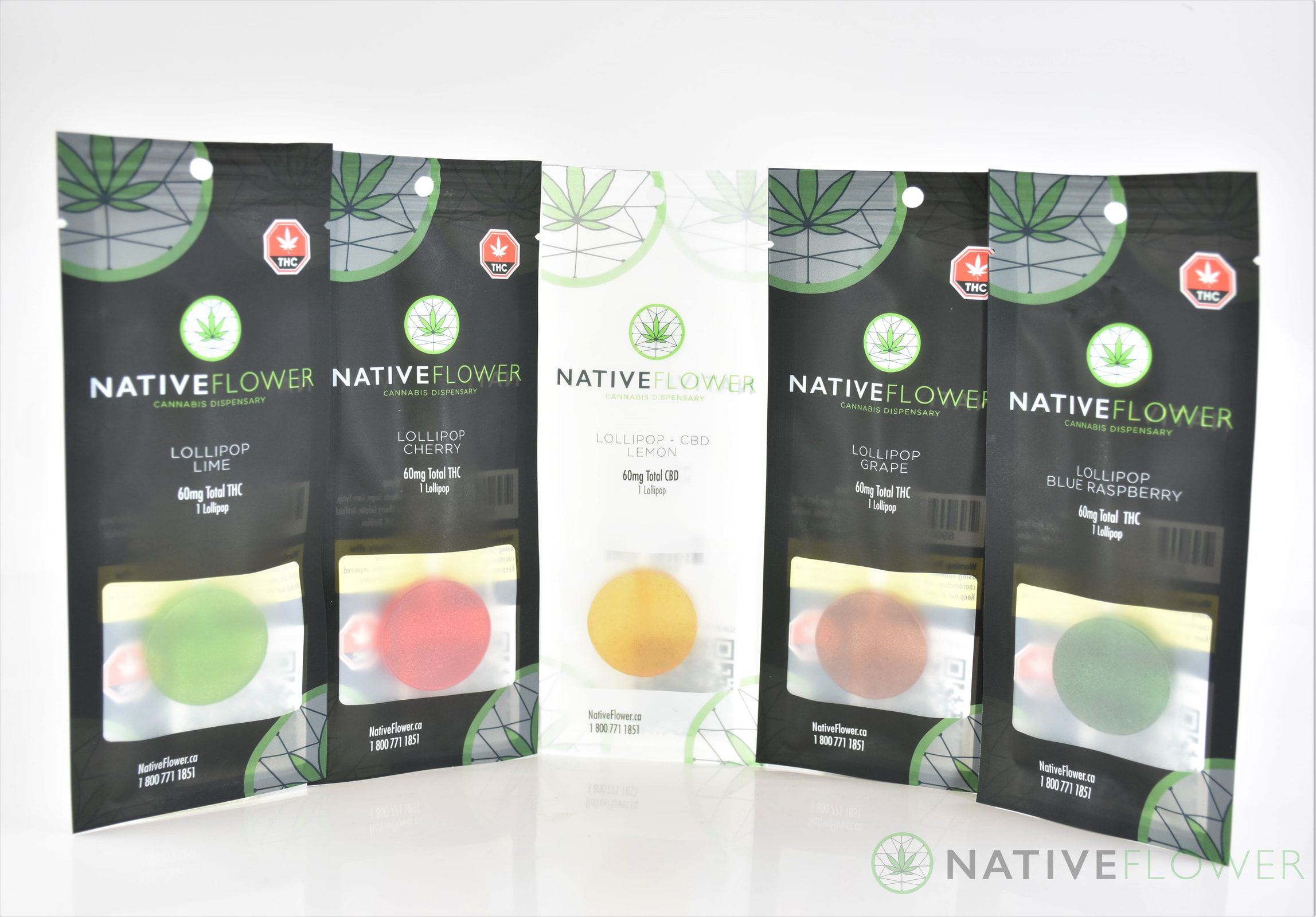 Five lollipop pouches standing in a row, four dark and one pale.