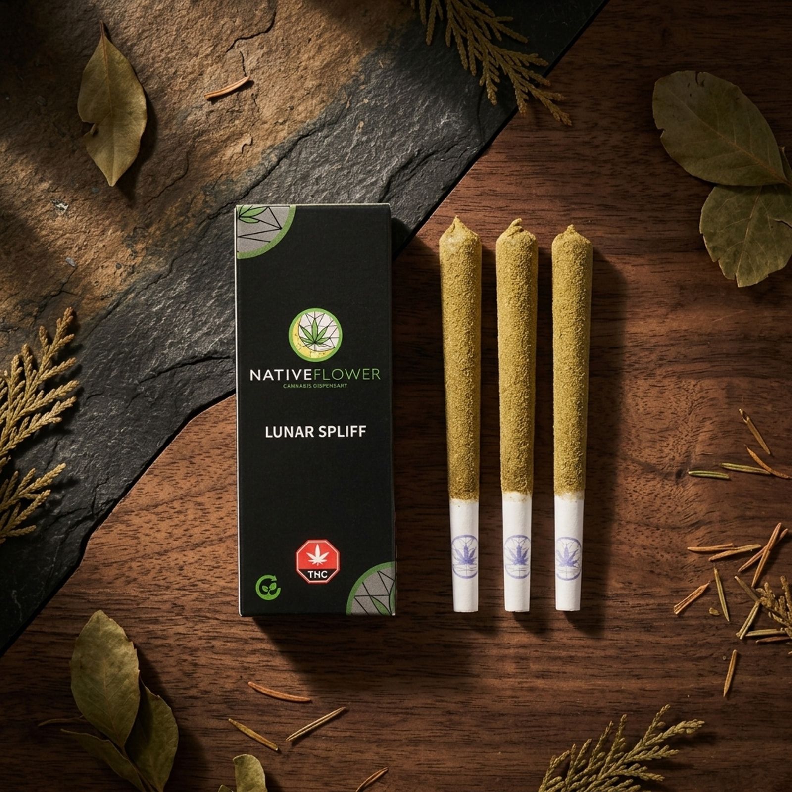 A black Native Flower lunar spliff box beside three kief-coated spliffs on a wood and slate surface, with cedar sprigs and dried leaves.