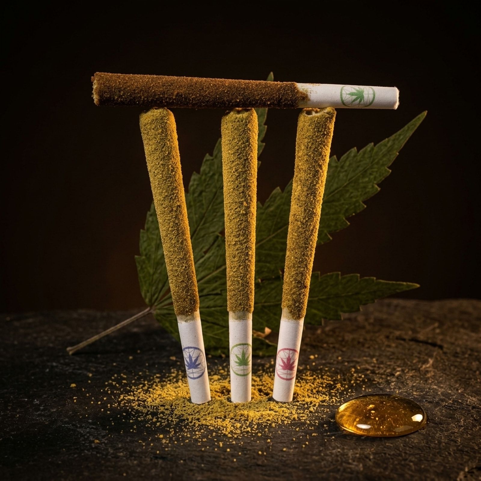 Three kief-coated lunar spliffs standing on end with a fourth, darker one balanced across their tops, the Native Flower logo on each filter.