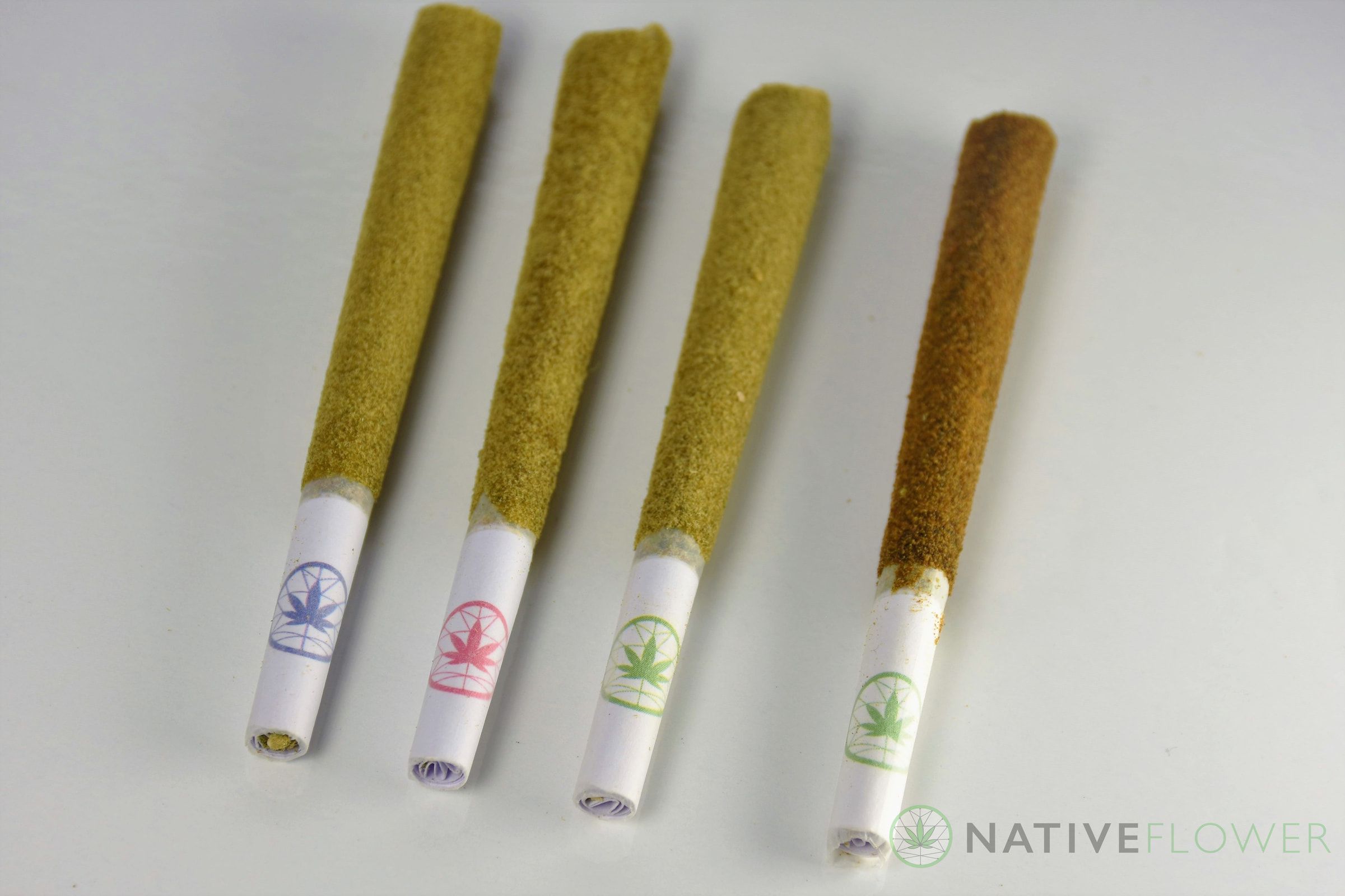 Four kief-coated spliffs side by side, each filter stamped in a different colour.