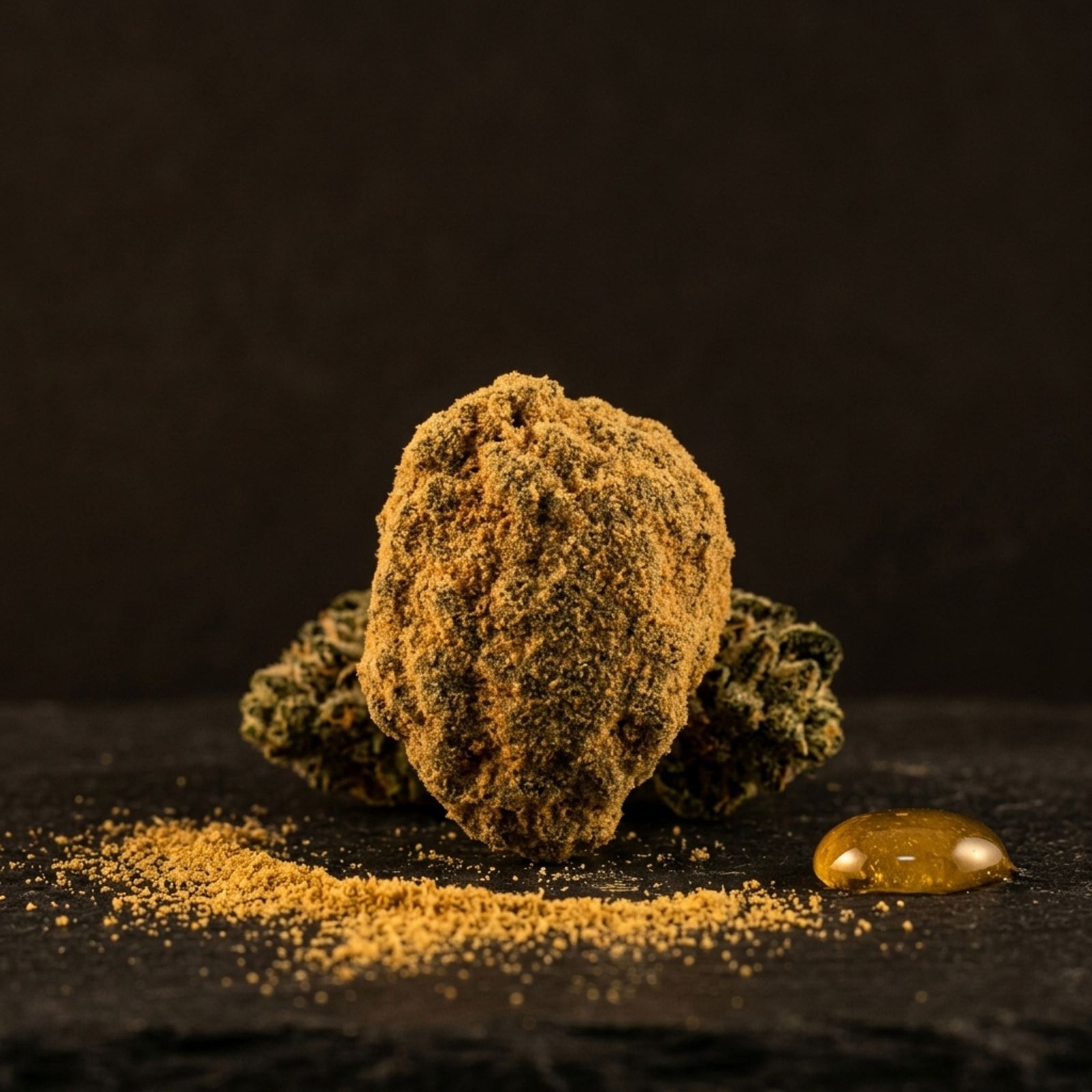 A large kief-coated moon rock standing on slate in front of two plain cannabis buds, with loose kief and a drop of golden oil.