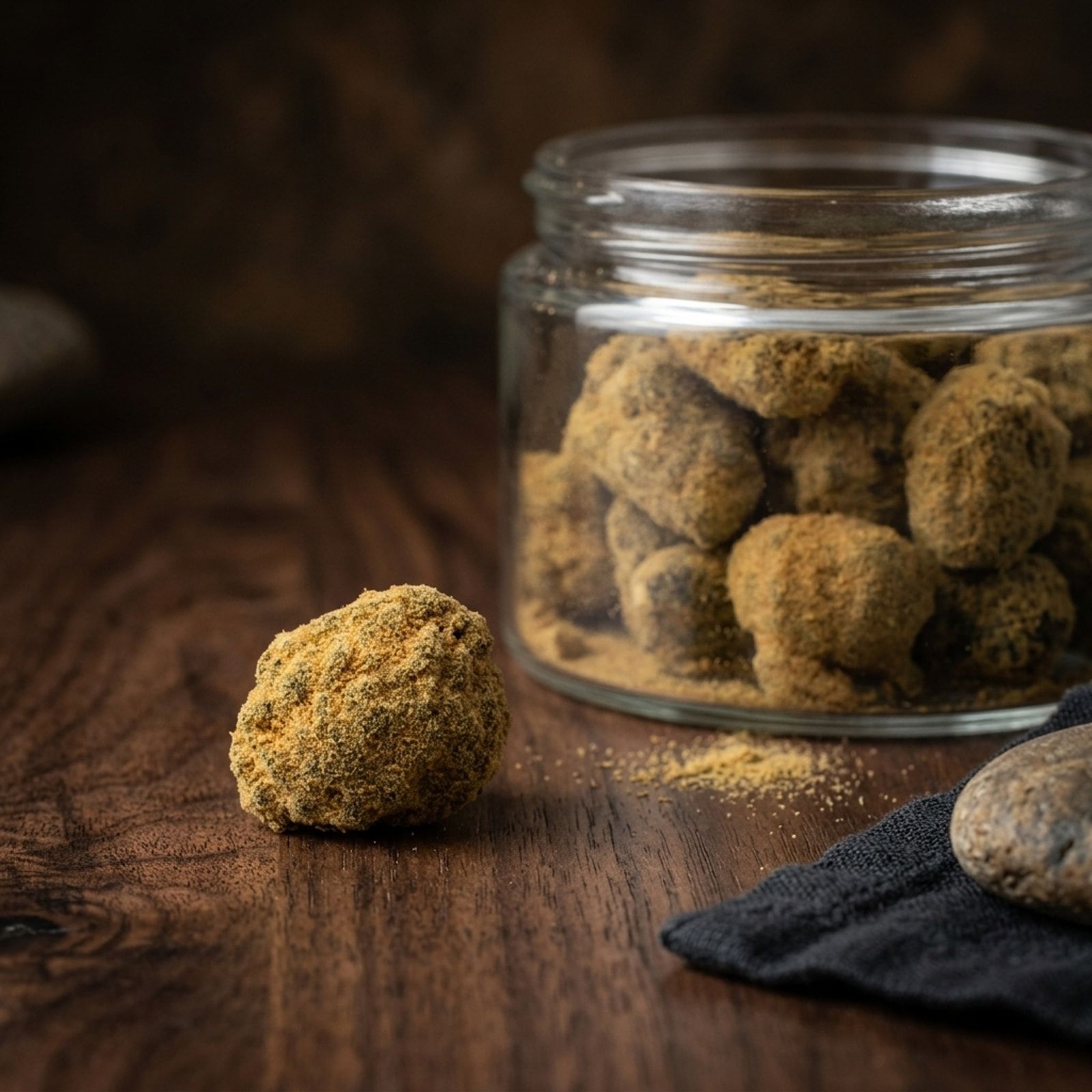 A kief-coated moon rock on a walnut table in front of an open glass jar full of them, a dark cloth and a stone beside.