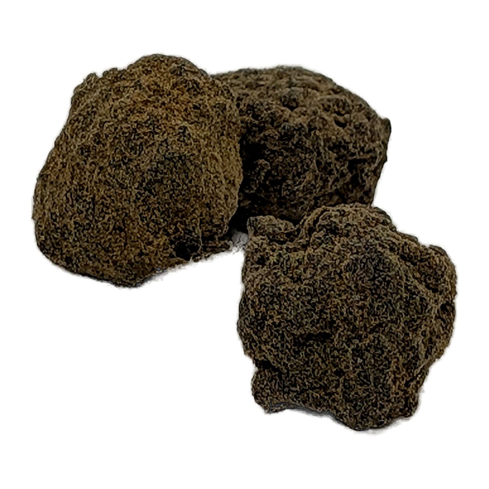 Three Native Flower moon rocks, buds coated in kief, grouped together.