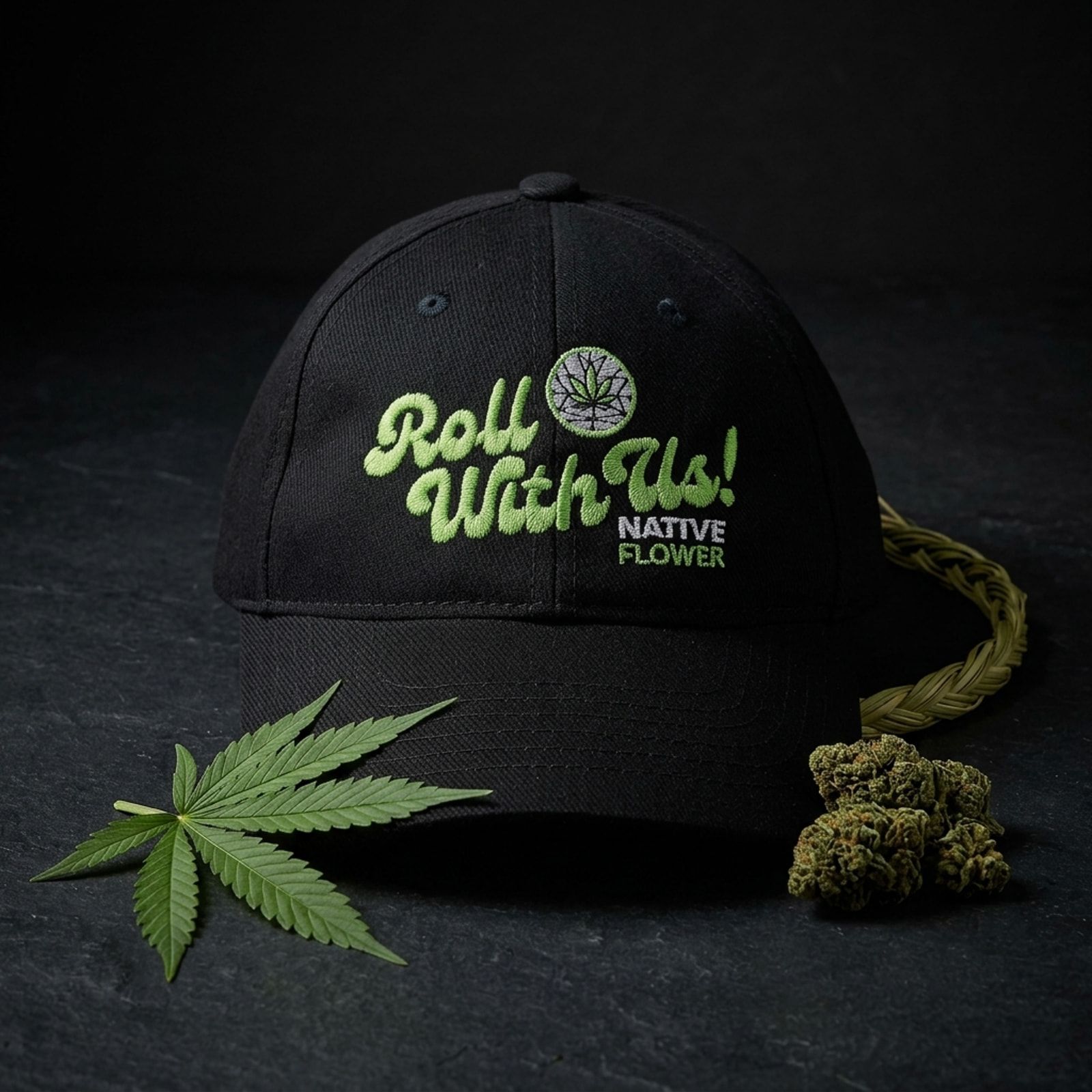 A black Native Flower ball cap, Roll With Us embroidered in green, on slate with a cannabis leaf, a dried bud and a sweetgrass braid.