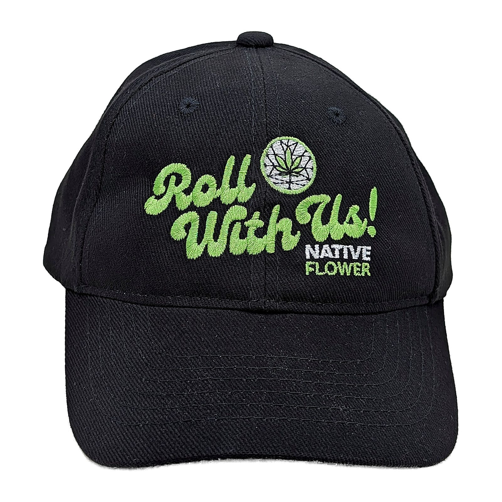 A black Native Flower ball cap facing forward, Roll With Us embroidered in green across the front.