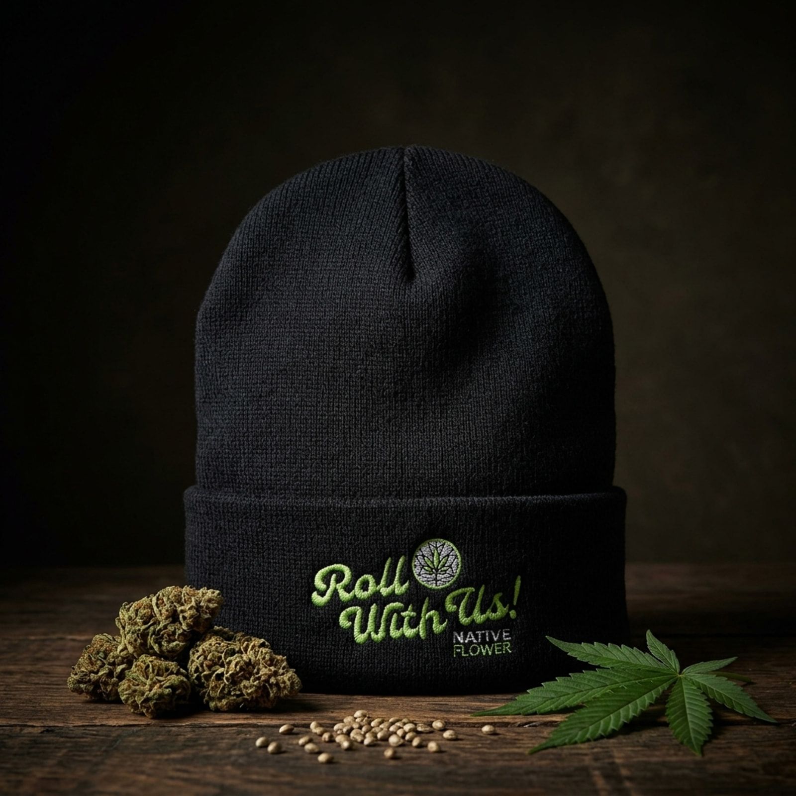 A black Native Flower beanie with a folded cuff, Roll With Us embroidered in green, on wood with dried buds, seeds and a cannabis leaf.