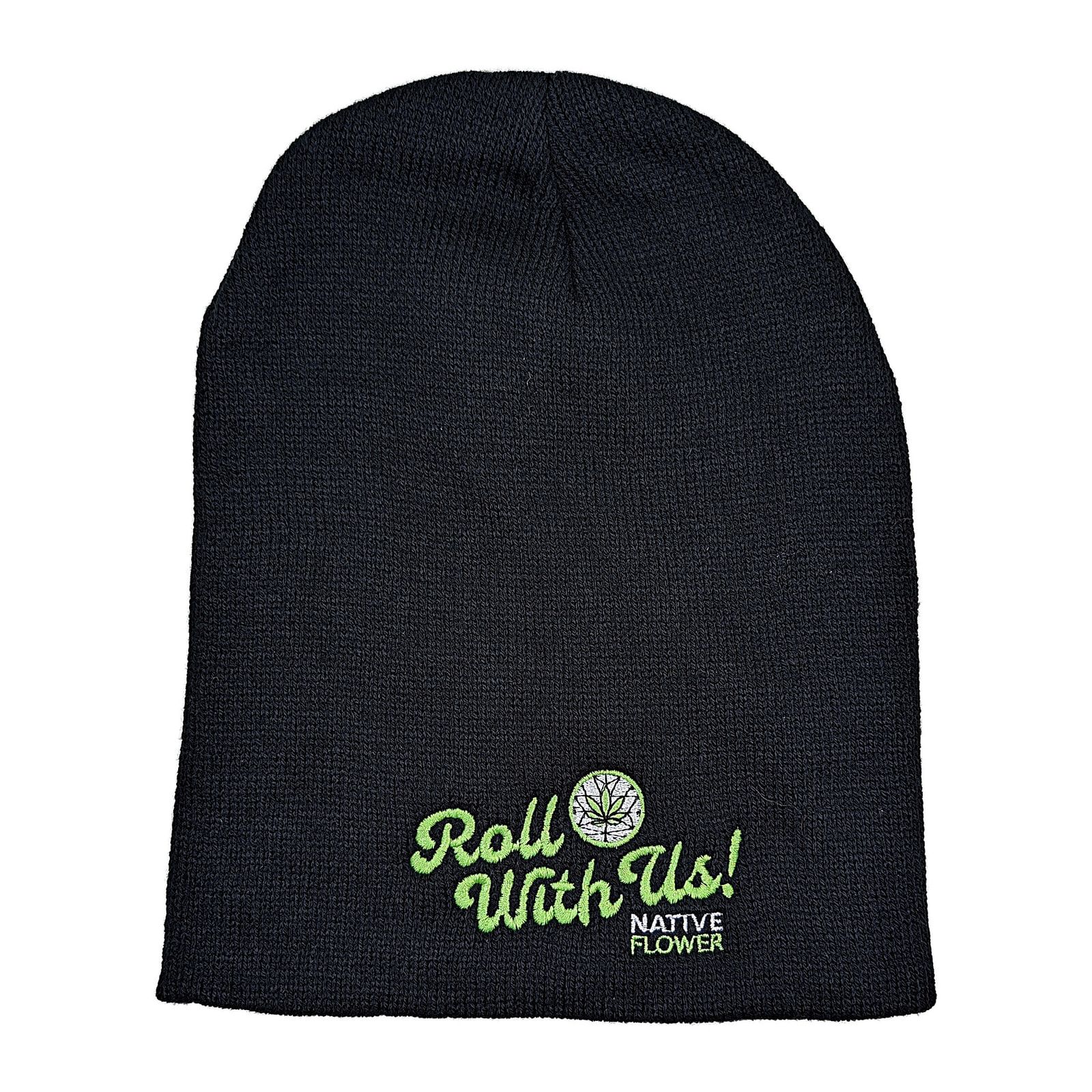 A plain black Native Flower knit beanie with Roll With Us embroidered in green near the brim.