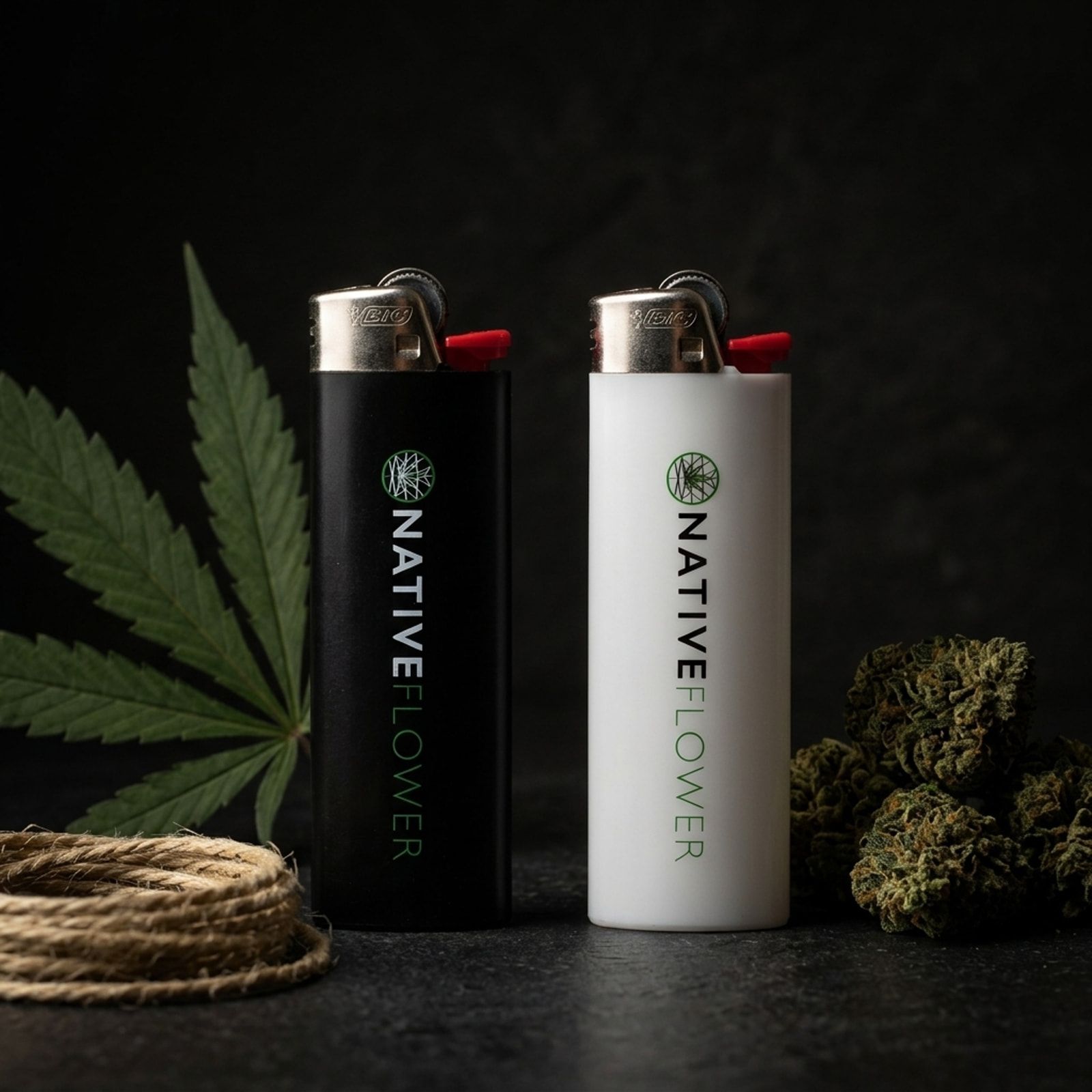 A black and a white Native Flower lighter standing side by side, with a cannabis leaf, dried buds and a coil of twine.