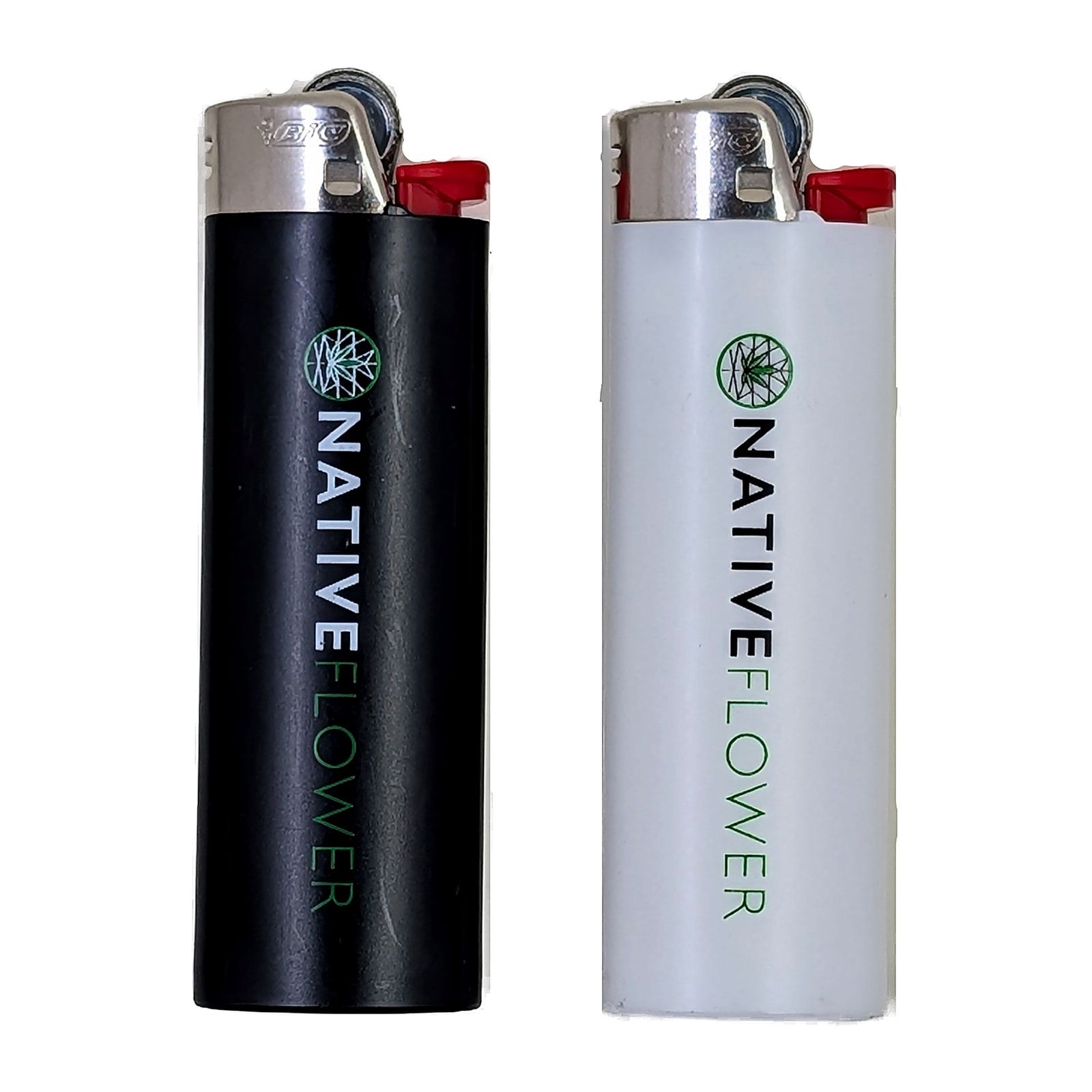 Two Native Flower branded lighters standing side by side, one black and one cream.