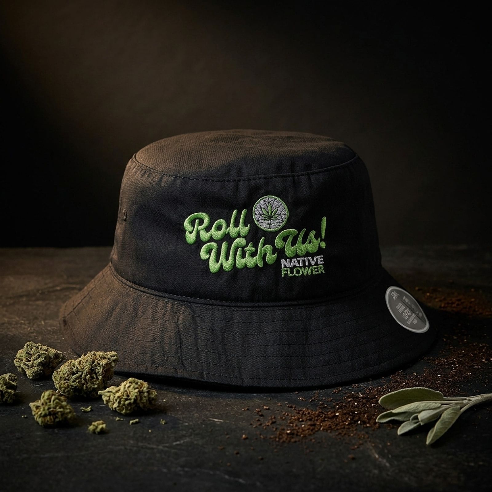 A black Native Flower bucket hat, Roll With Us embroidered in green, on dark stone with dried buds and a sprig of sage.