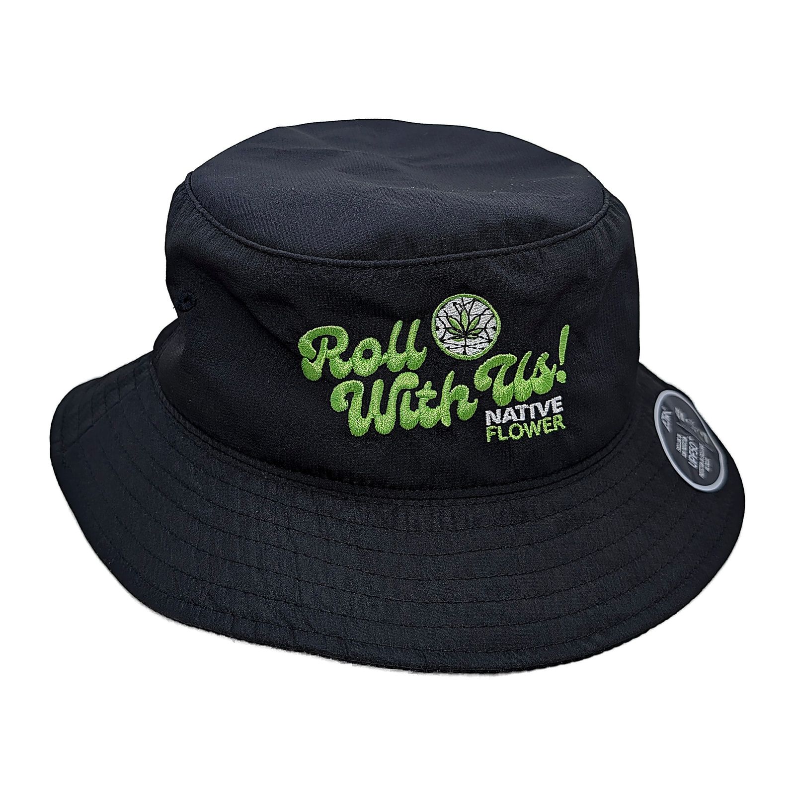 A black Native Flower bucket hat, Roll With Us embroidered in green around the crown.
