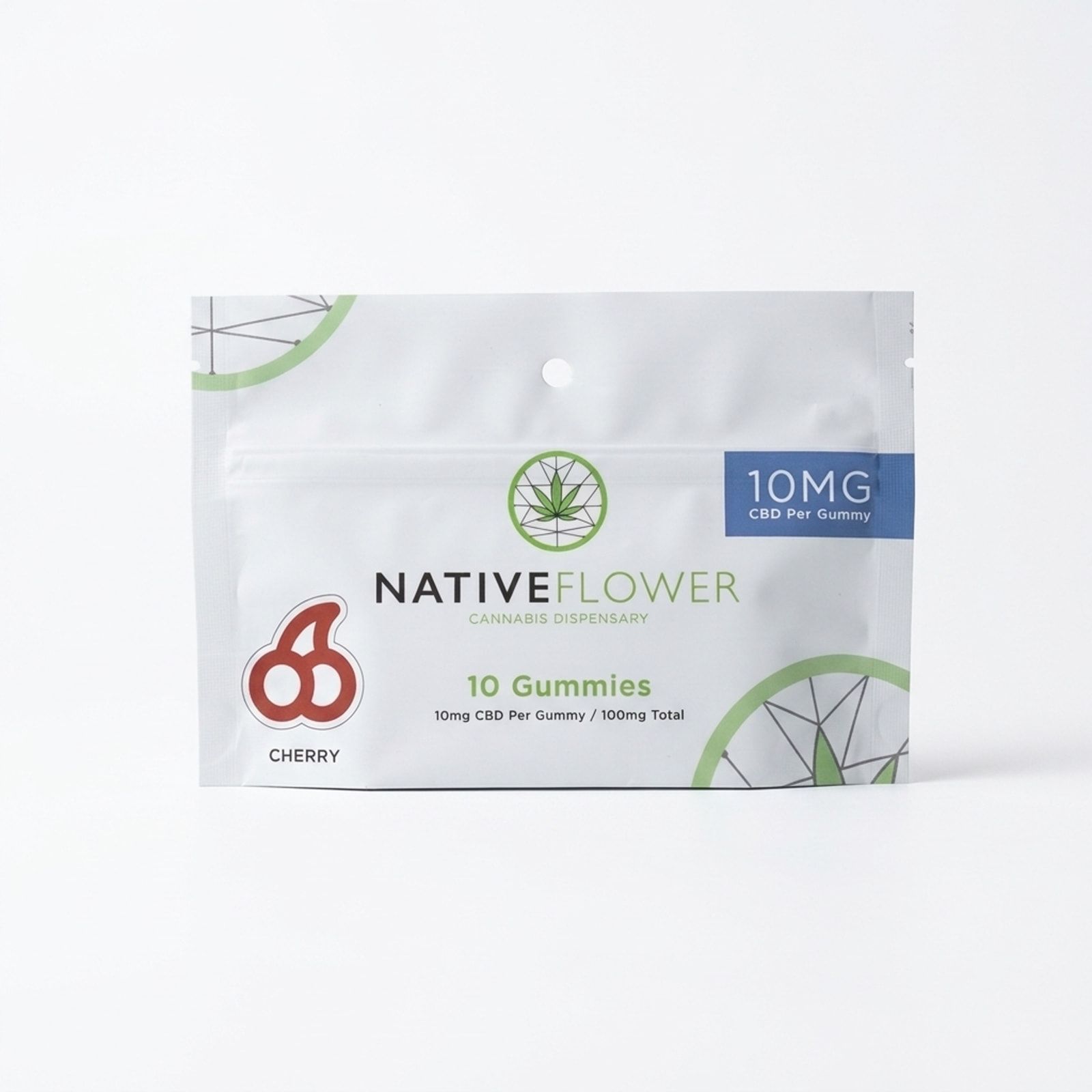 A white Native Flower CBD gummies pouch with a red cherry icon, on a white background.